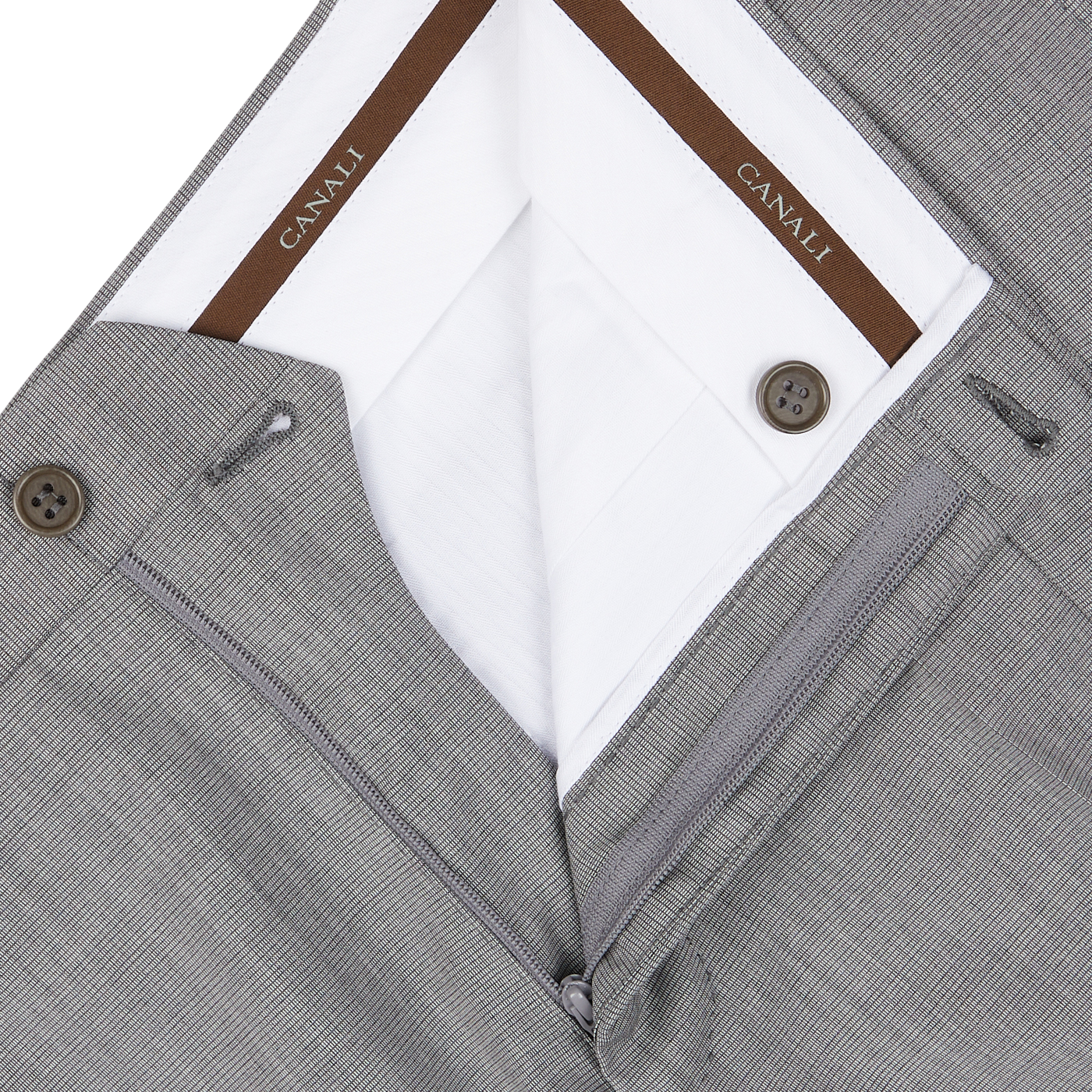 Close-up of a light grey micro check wool suit layered over a white shirt with Canali brand on the collar, showcasing classic sartorial elegance.