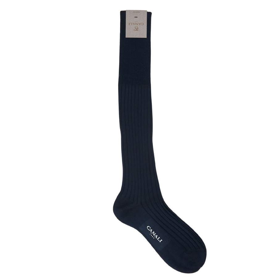 Navy Blue Knee Long Ribbed Cotton Socks