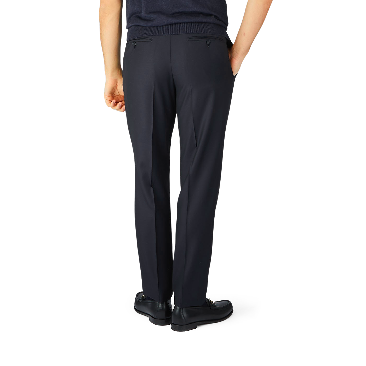 The man is wearing navy blue wool twill Canali formal trousers.