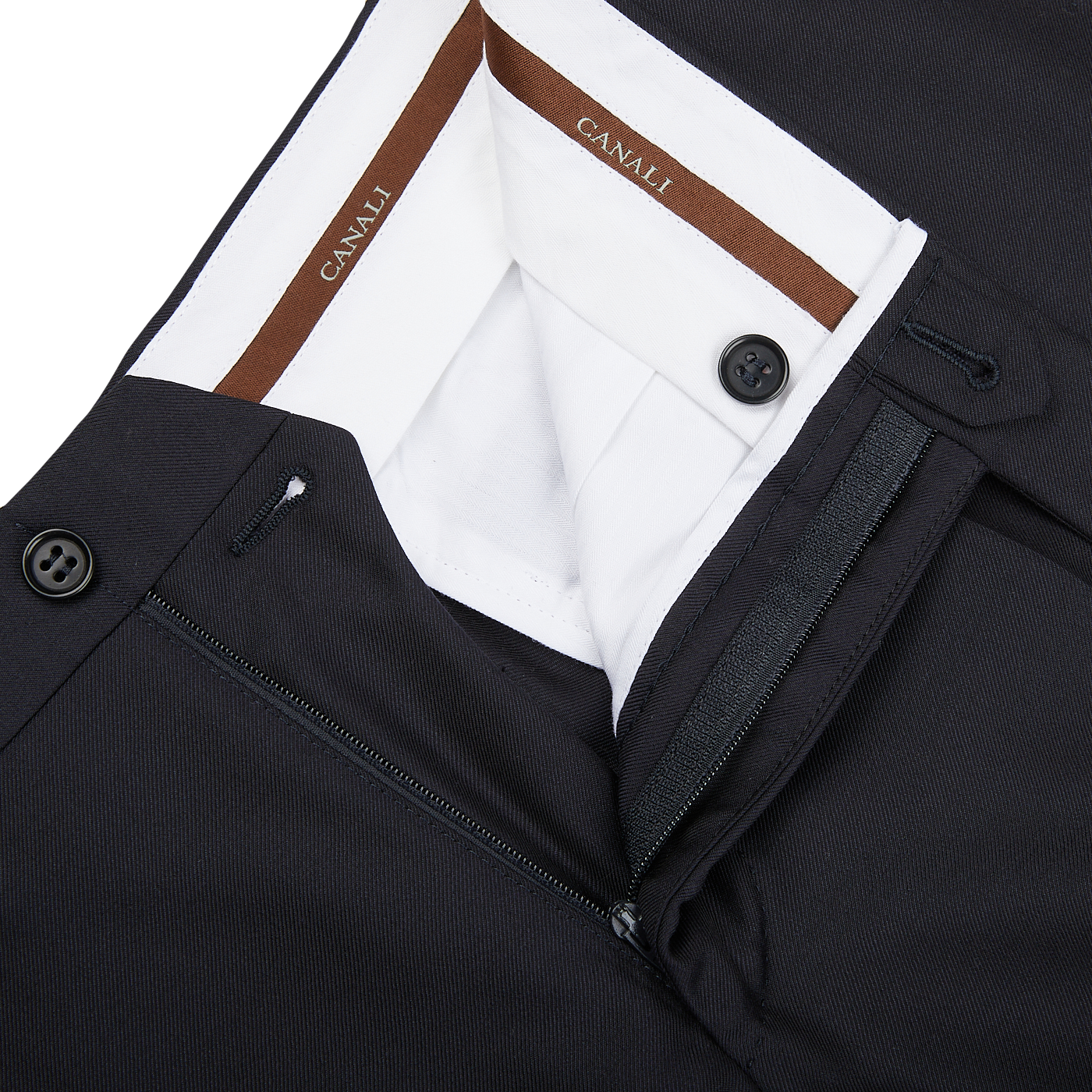 A close up of the pocket of a Canali Navy Blue Wool Twill Formal Trousers.