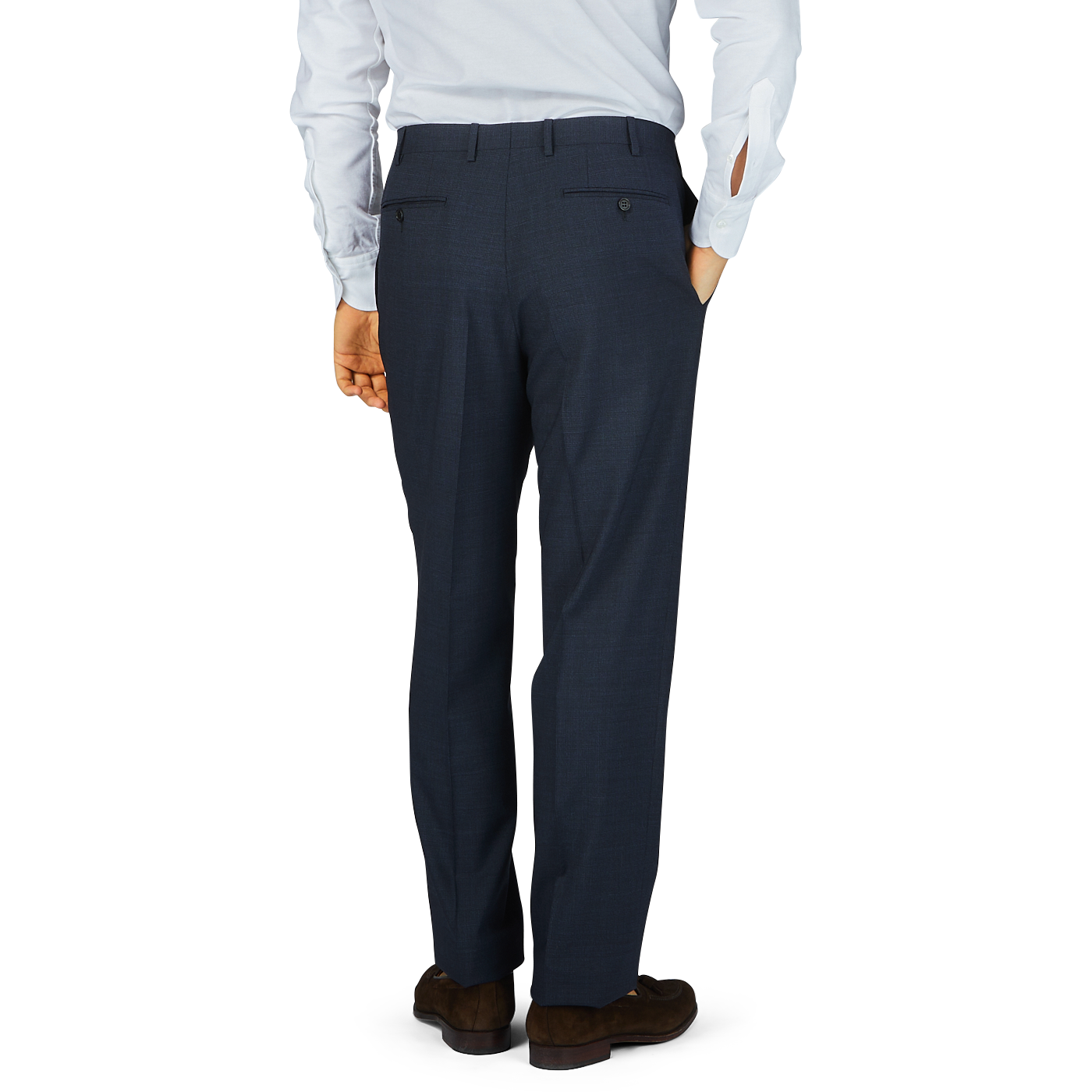 A man wearing a blue Canali suit and Navy Puppytooth Wool Stretch Flat Front Trousers.