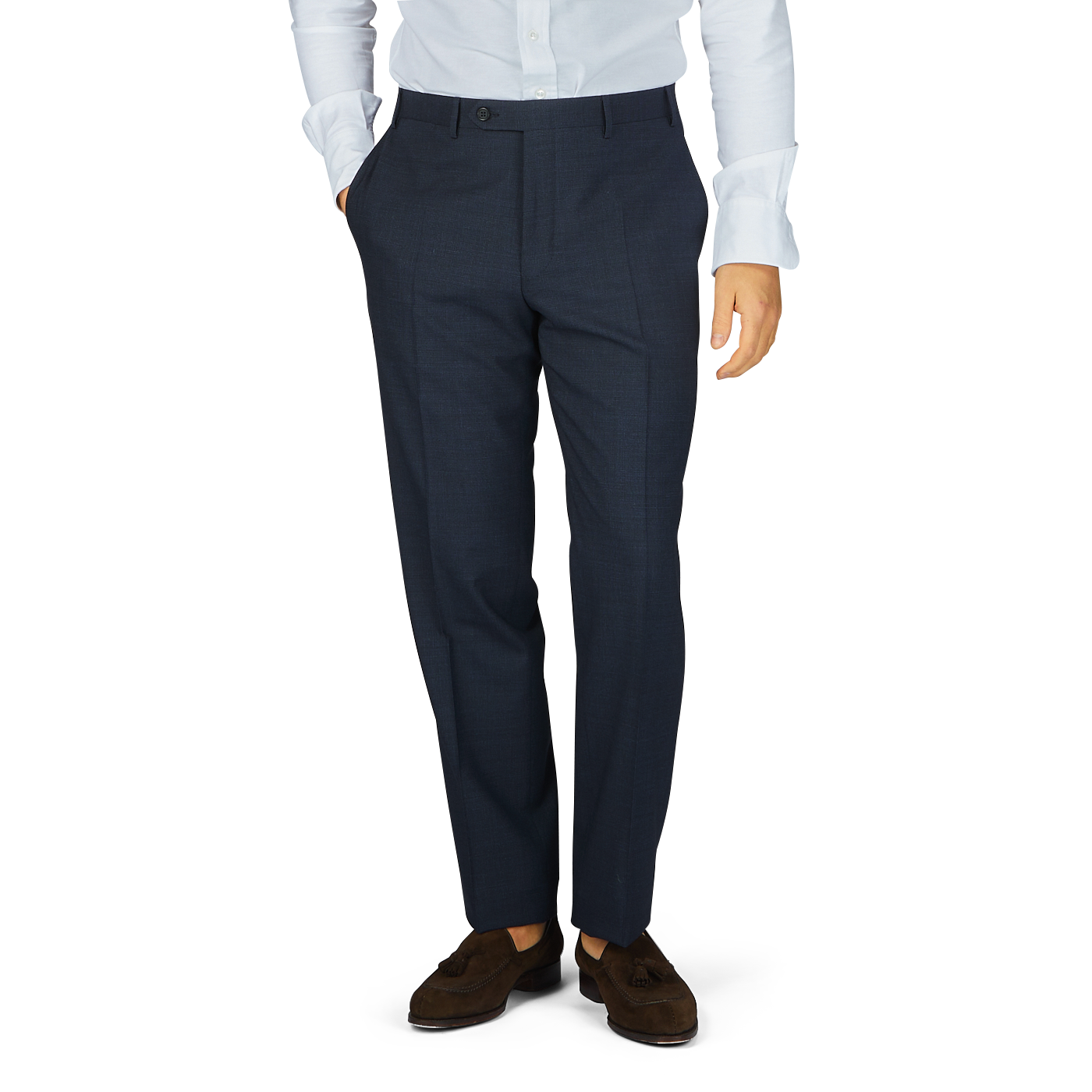 A man wearing Canali's Navy Puppytooth Wool Stretch Flat Front Trousers and a white shirt.