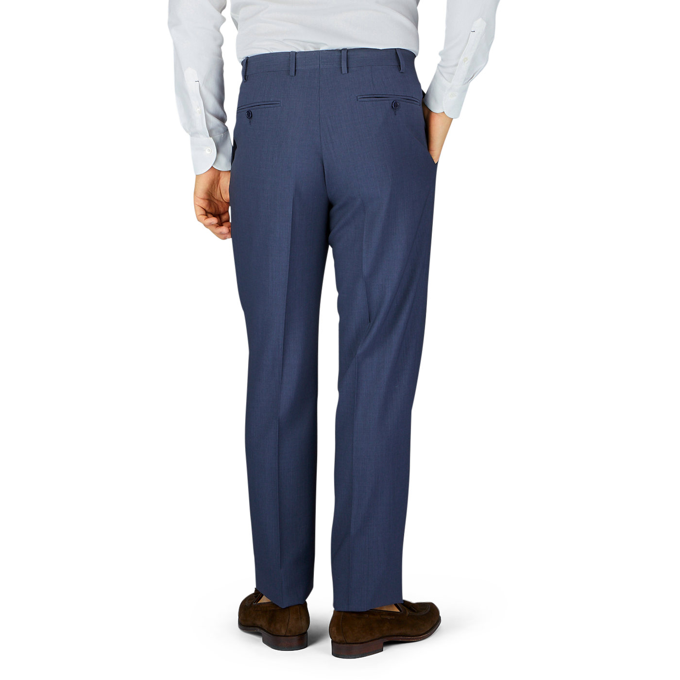 A person wearing Slate Blue Semi-Plain Wool Flat Front Canali trousers and brown shoes.