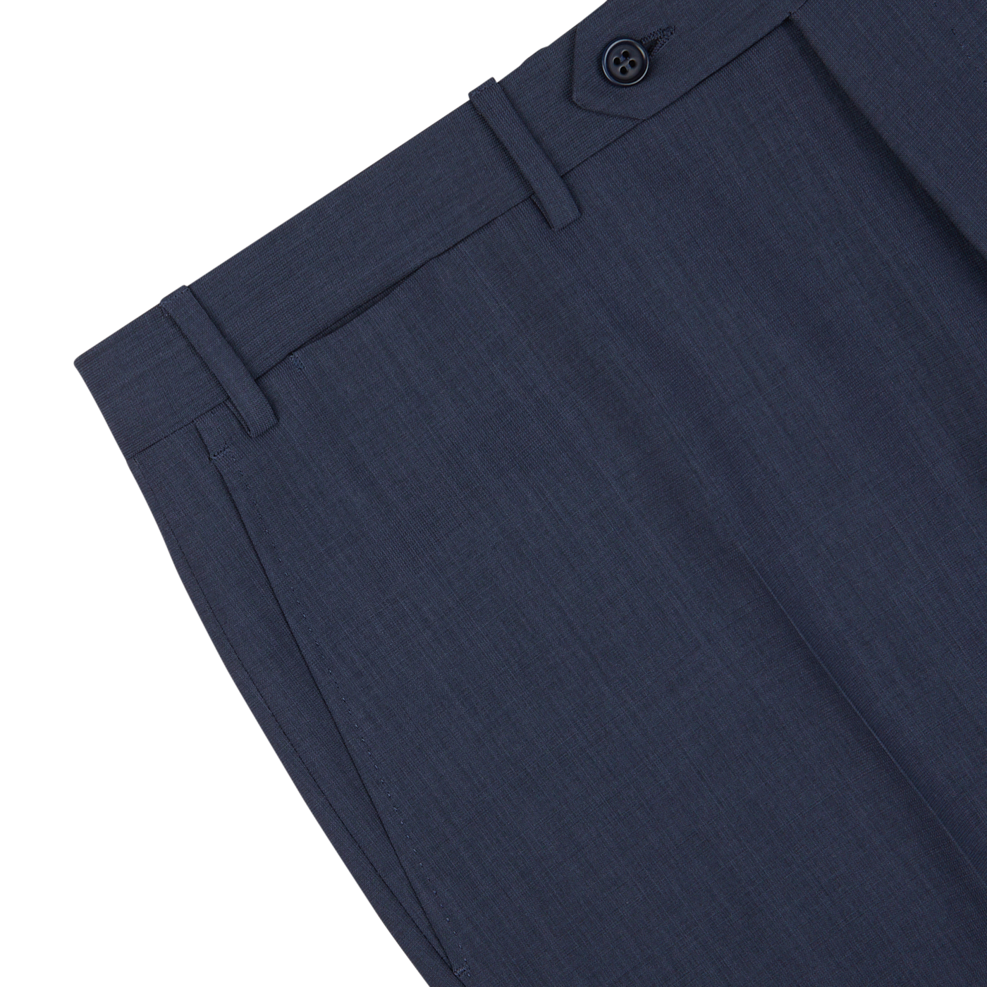 Close-up of a slate blue semi-plain wool Canali dress pants waistband with button closure.