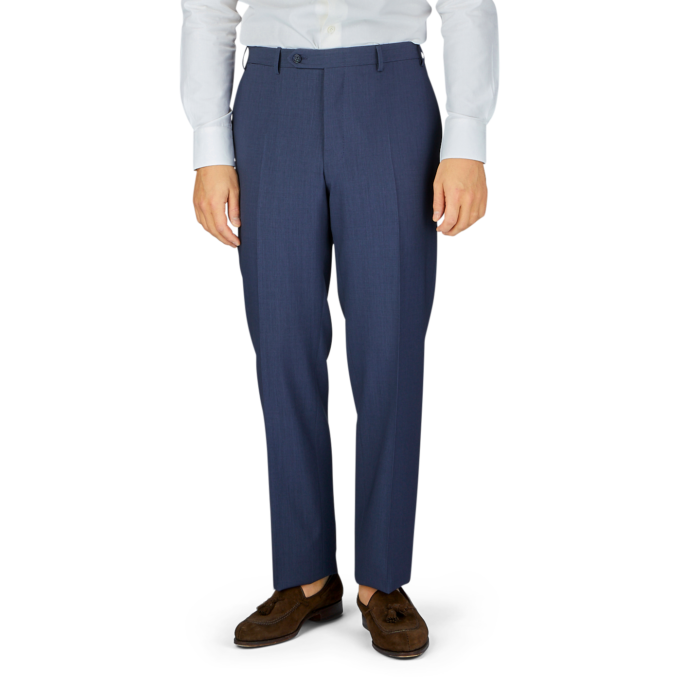 Man standing in navy Canali Slate Blue Semi-Plain Wool Flat Front Trousers paired with brown shoes.