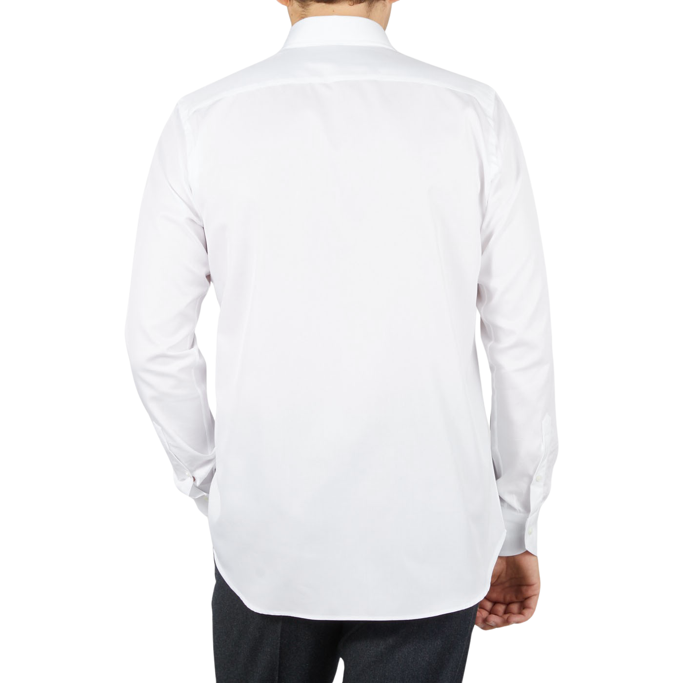 The back view of a man wearing an ultra-soft cotton white dress shirt from Canali, the White Cotton Single Cuff Shirt.