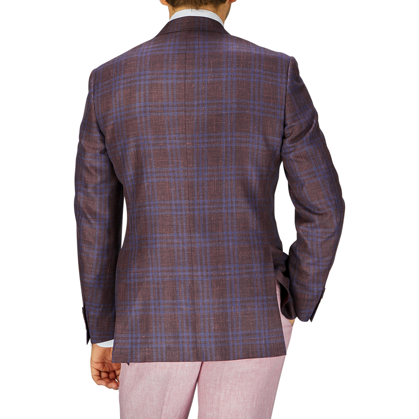 Rear view of a person wearing a Canali wine red checked wool silk linen blazer and light pink trousers, standing against a plain background.