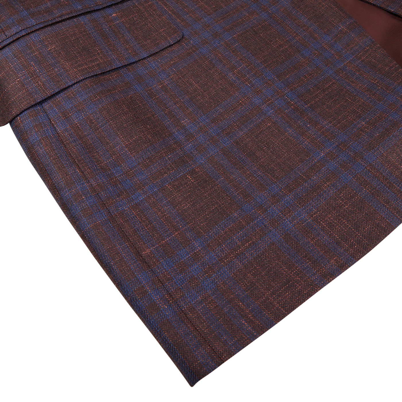 Close-up of a Canali wine red checked wool silk linen blazer with a visible pocket, displayed on a white surface.