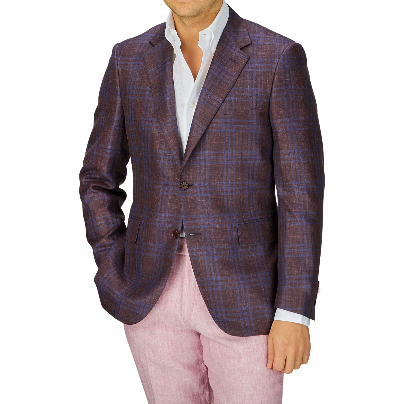 A man wearing a Canali wine-red checked wool silk linen blazer over a white shirt, paired with pink trousers, focusing on the upper half of his body.