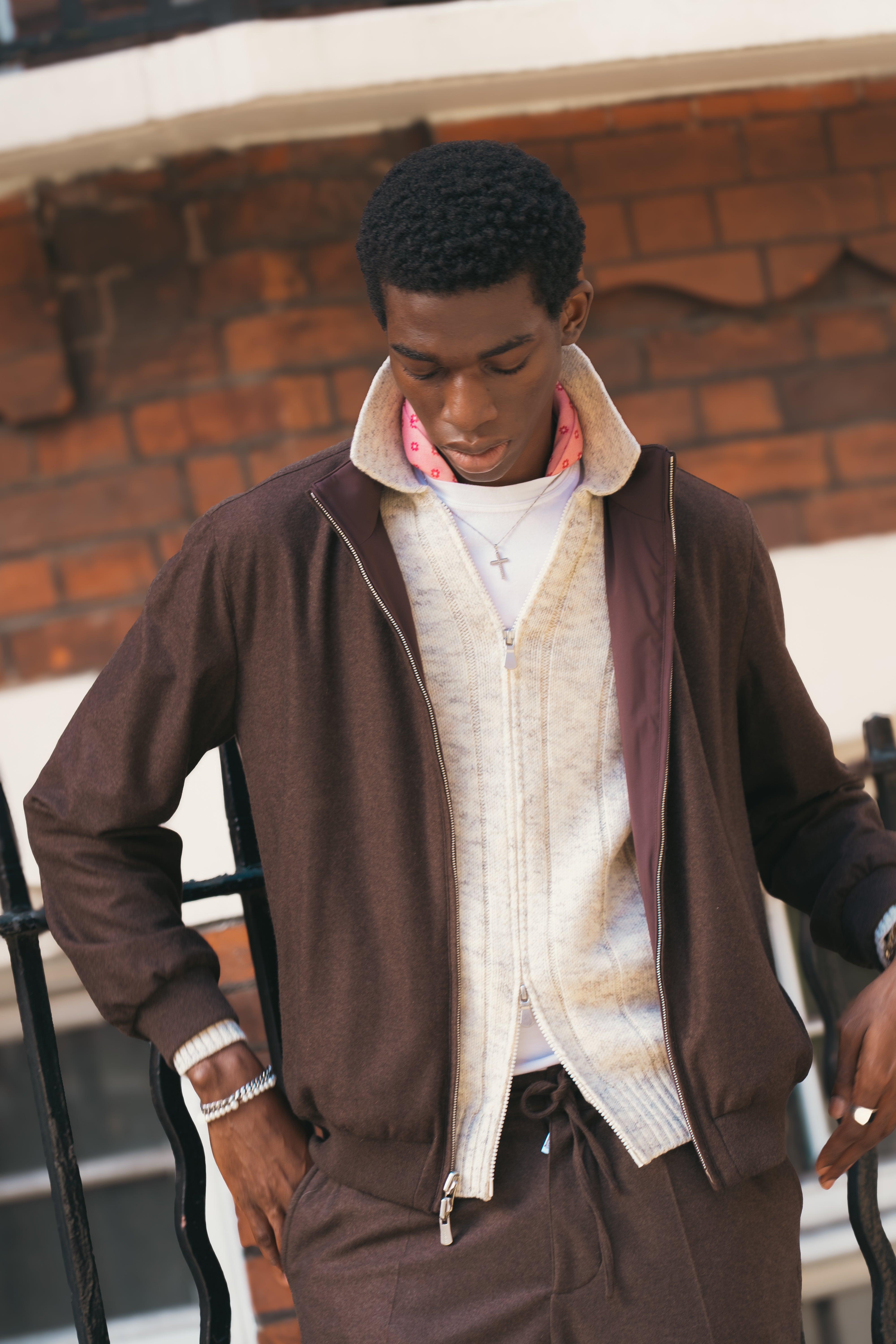 Cream Melange Wool Full Zip Cardigan