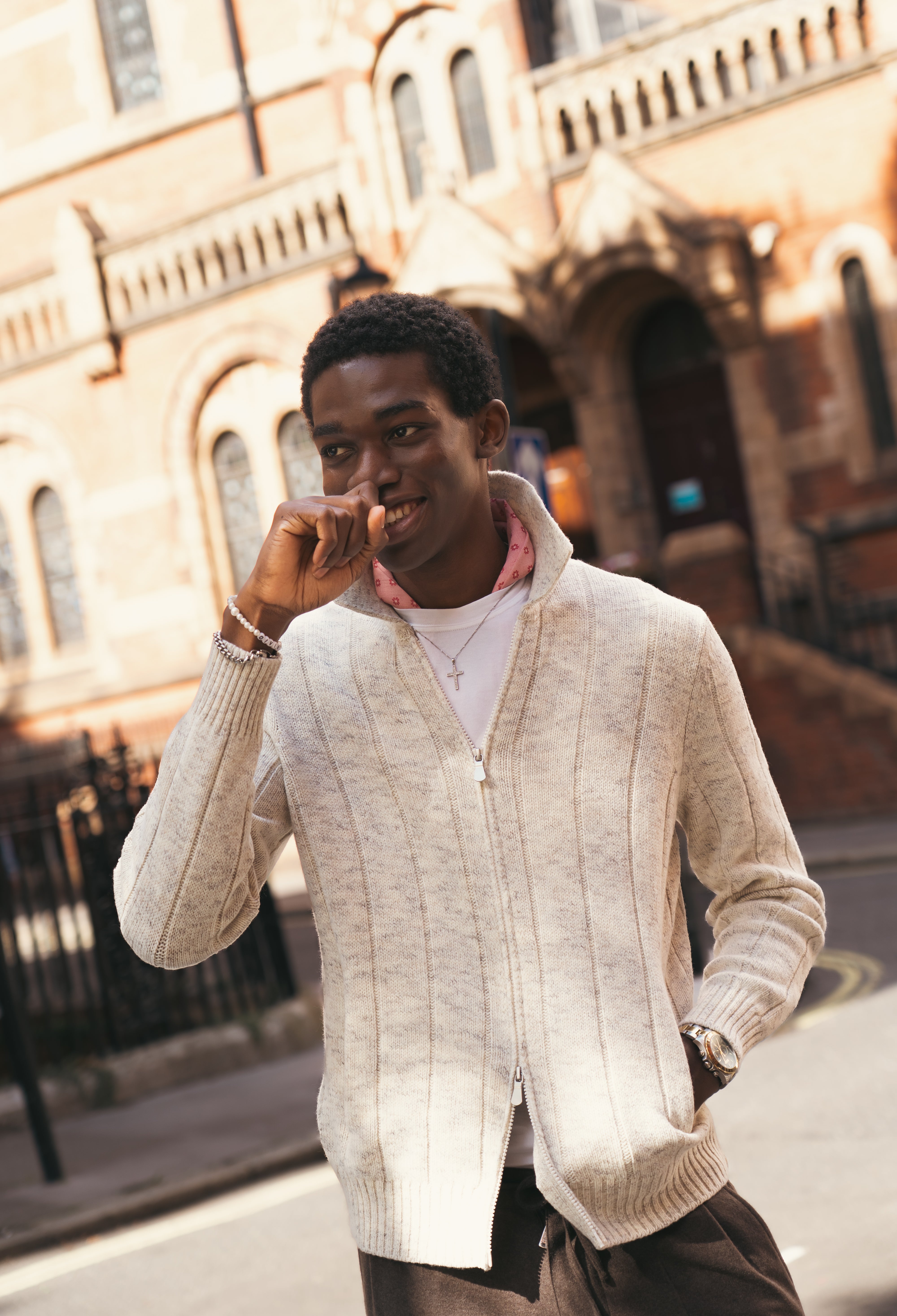 Cream Melange Wool Full Zip Cardigan