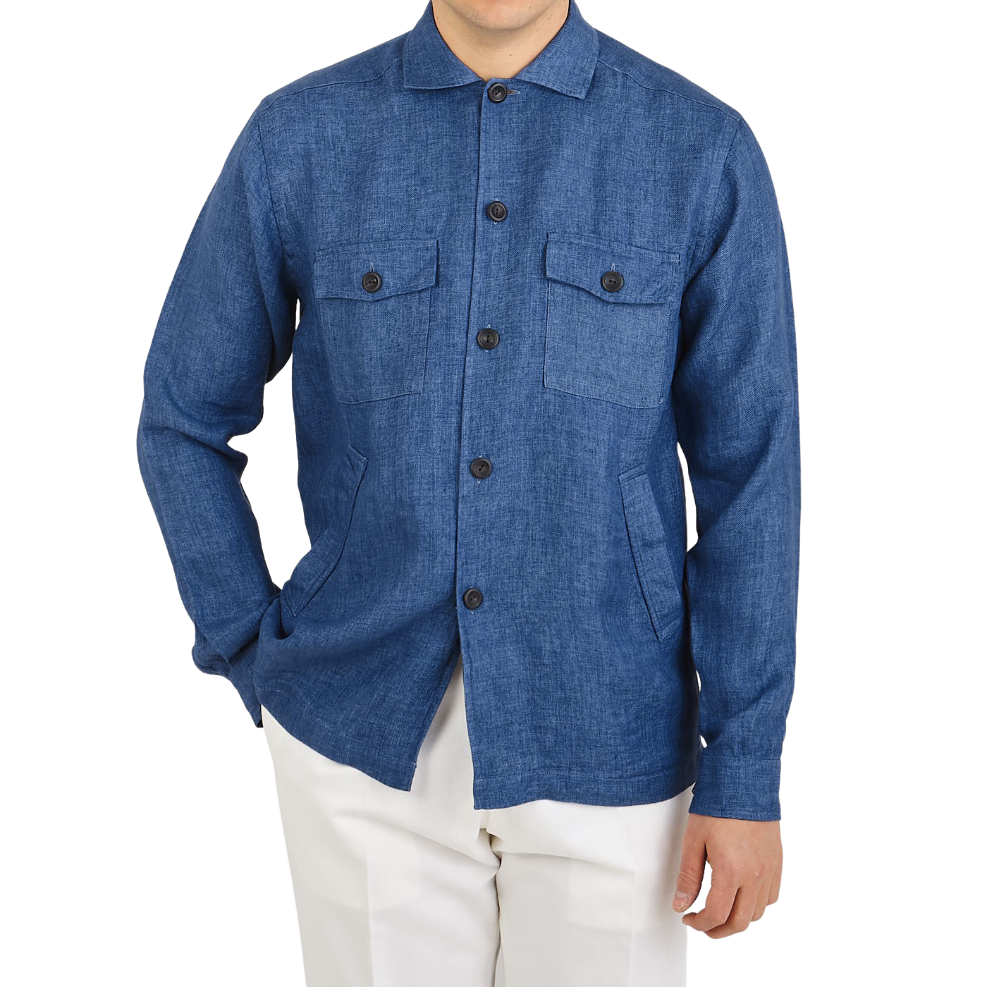 Eton Blue Linen Twill Overshirt Front