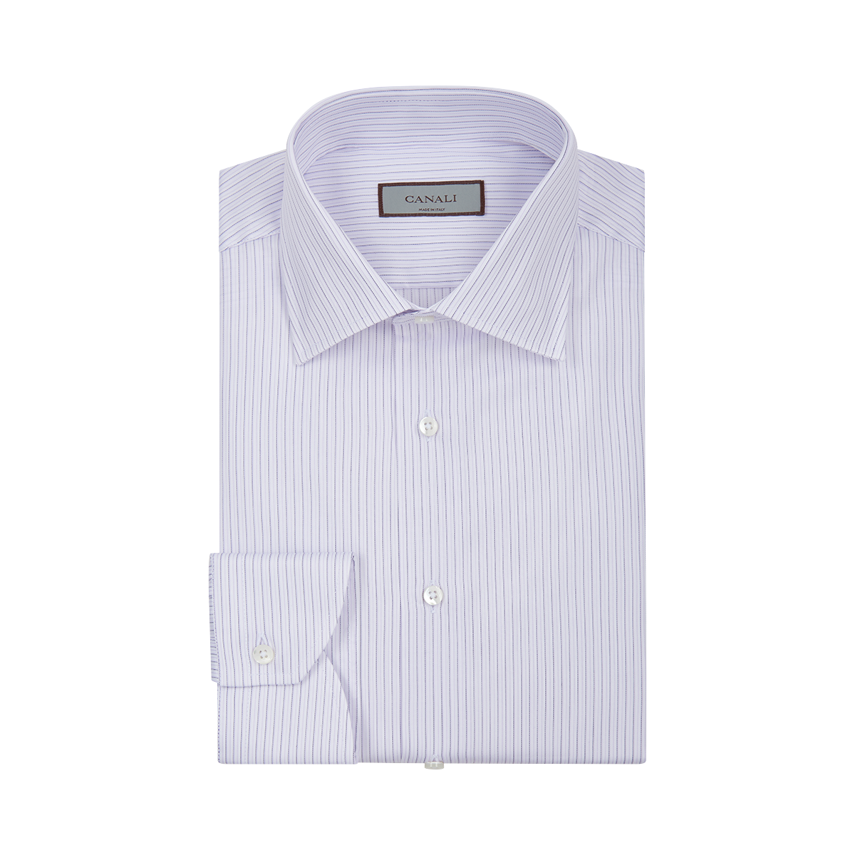 A neatly folded Canali Pink/Blue Stripe Cotton Shirt with long sleeves, classic collar, and single-button cuffs is displayed on a plain white background. The label inside the collar reads "Canali. , available at Richard Gelding Mayfair