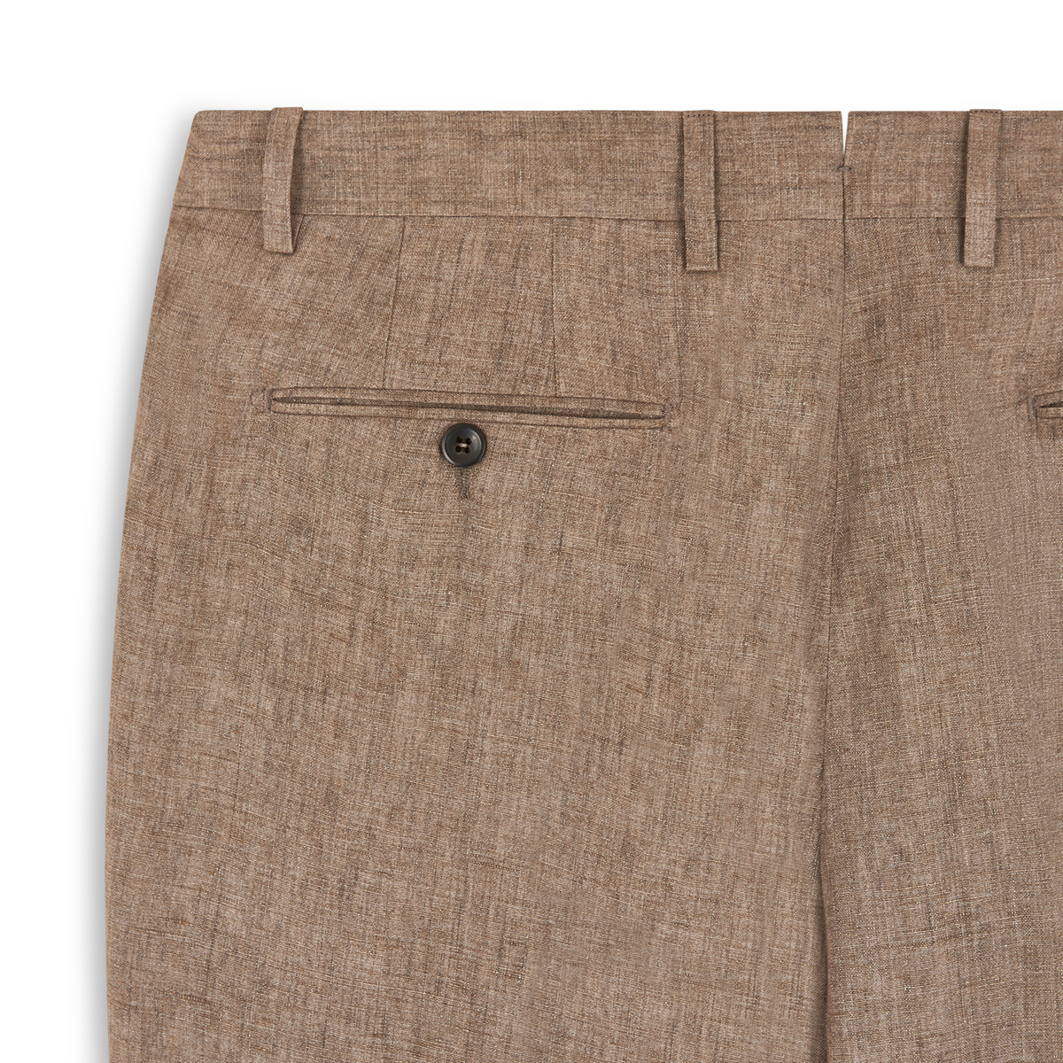 Close-up of the back of Germano Light Brown Linen Formal Trousers showing a single welt pocket with black button, two belt loops, seam detailing, and slightly heathered textured fabric. , available at Richard Gelding Mayfair
