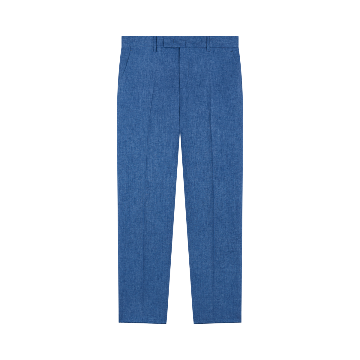The Germano Blue Linen Formal Trousers feature a straight-leg cut, front creases, belt loops, and side pockets. Made from lightweight linen, the pants are neatly displayed against a plain white background. , available at Richard Gelding Mayfair