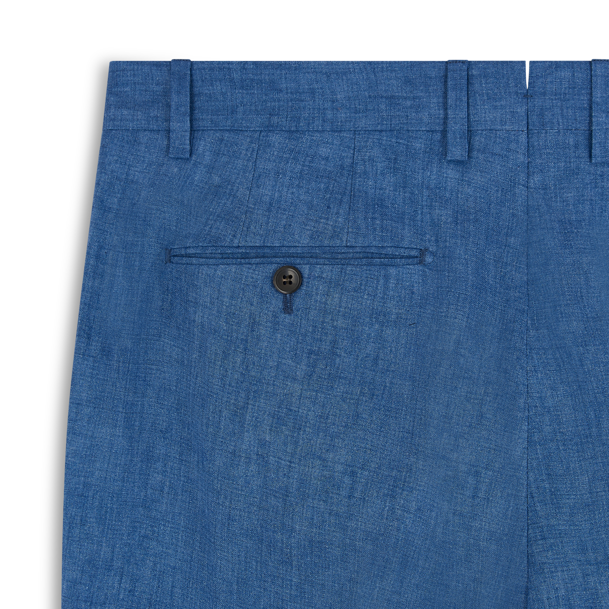 Close-up of Germano Blue Linen Formal Trousers showing the upper back with a single welt pocket, button closure, belt loop, and visible textured fabric with detailed seams and stitching. , available at Richard Gelding Mayfair