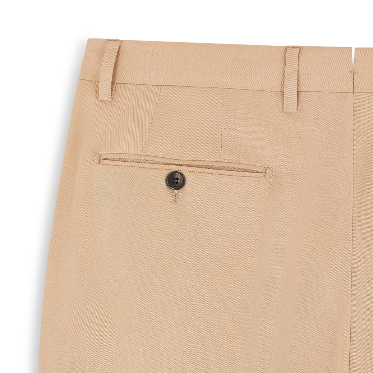 Close-up of the upper back of Germano Beige Soft Touch Tencel Formal Trouser, featuring two belt loops, a single welt pocket with button closure, neat stitching, and smooth, slightly textured fabric. , available at Richard Gelding Mayfair