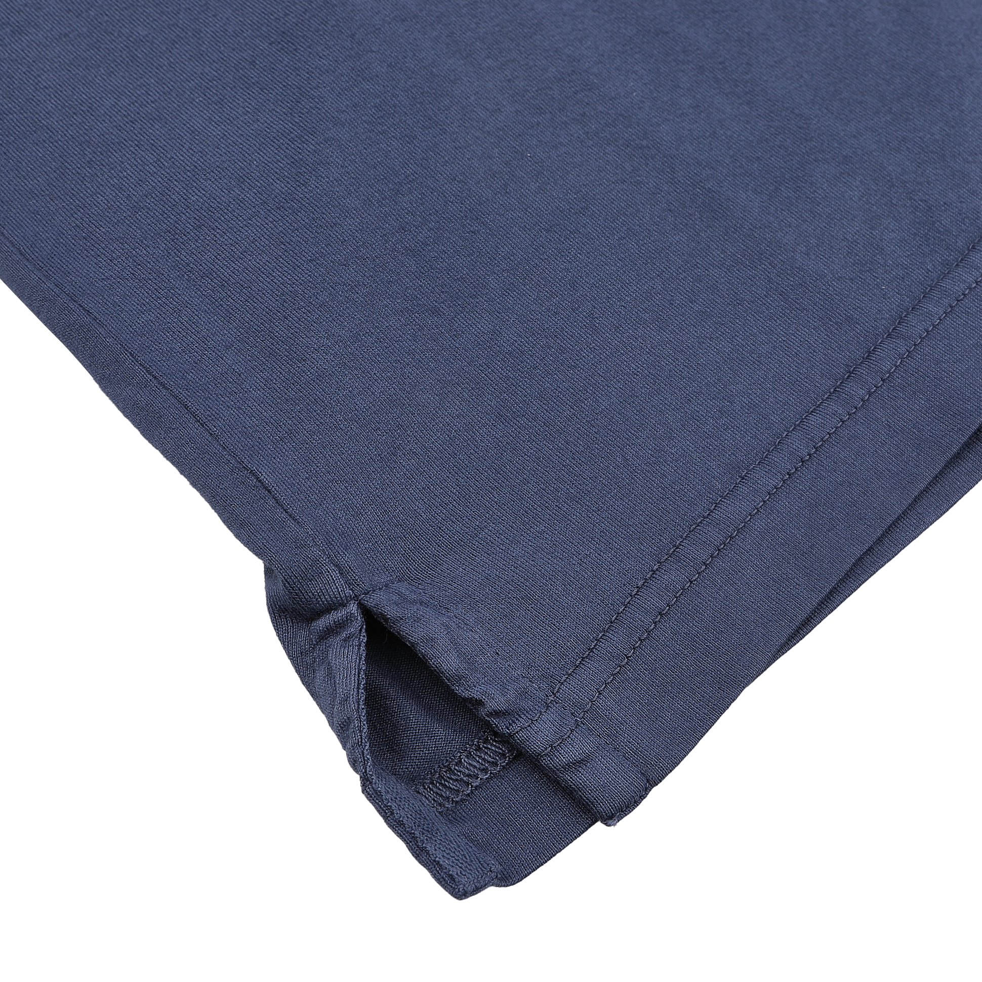 A close-up of a Dark Blue Organic Cotton LS Polo Shirt by Fedeli shows detailed stitching and a small side slit, crafted from luxurious organic Giza cotton.