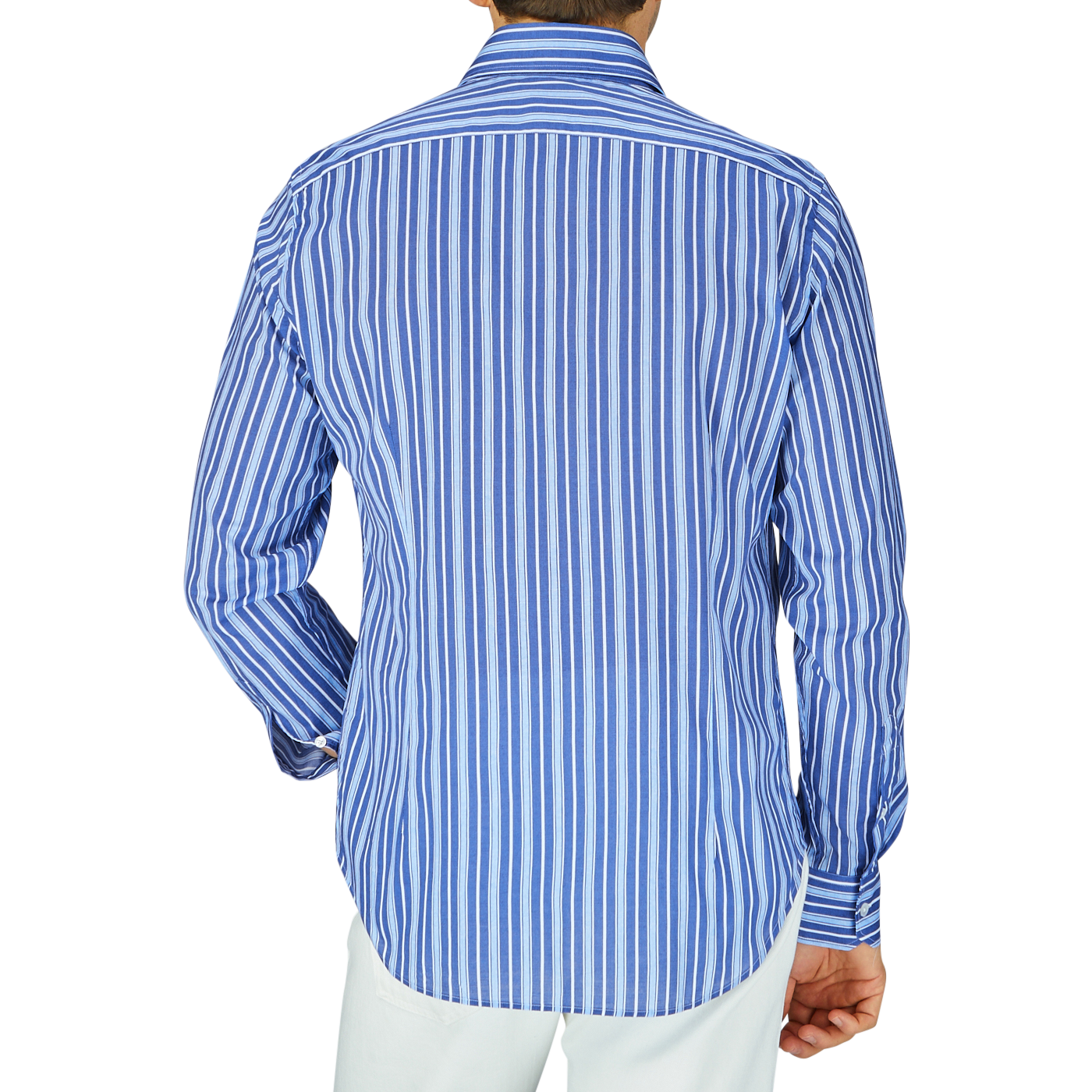 A person from behind wearing a Fedeli Dark Blue Striped Cotton Beach Shirt with white pants.