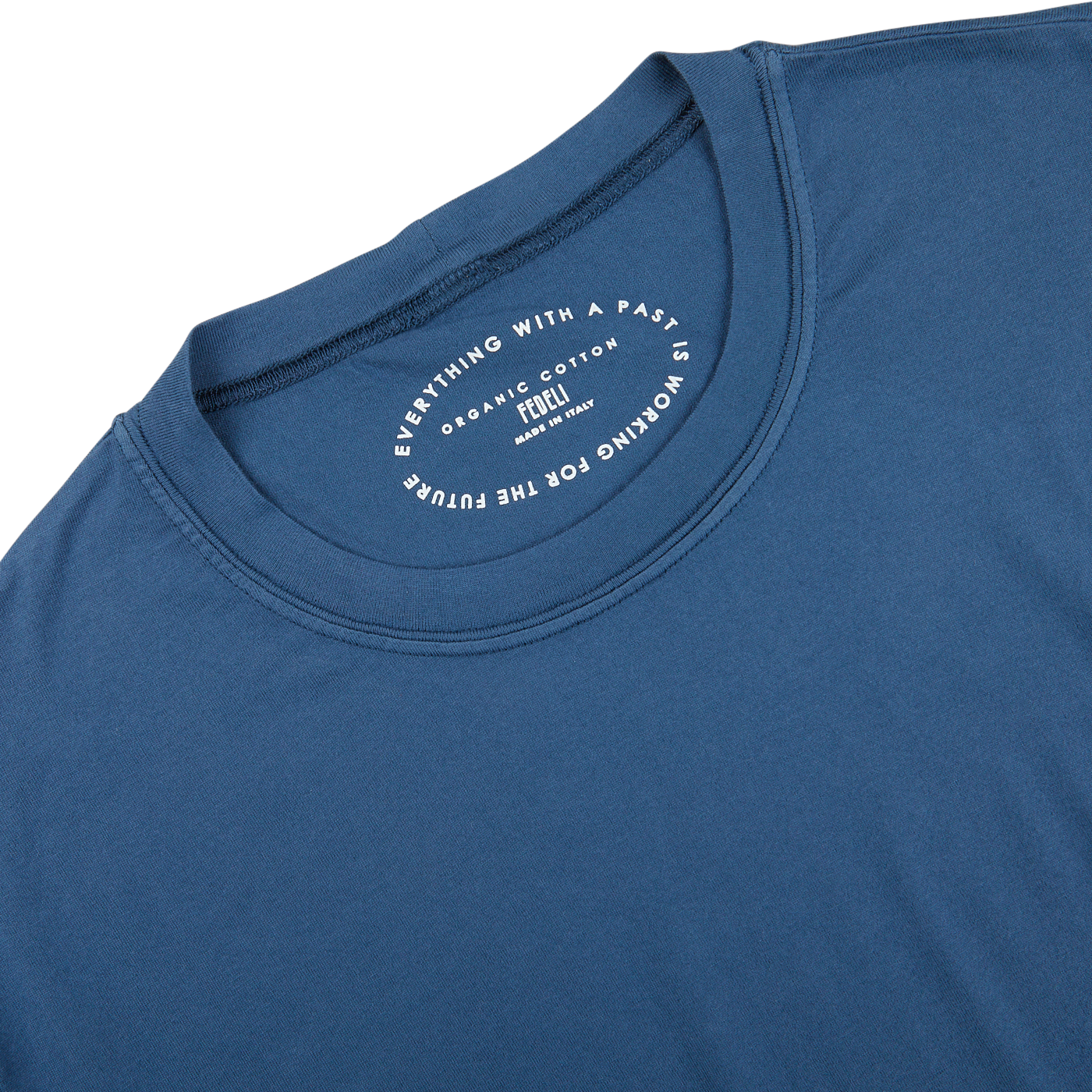 The back of a luxury Indigo Blue Organic Cotton T-Shirt by Fedeli with a white logo on it.