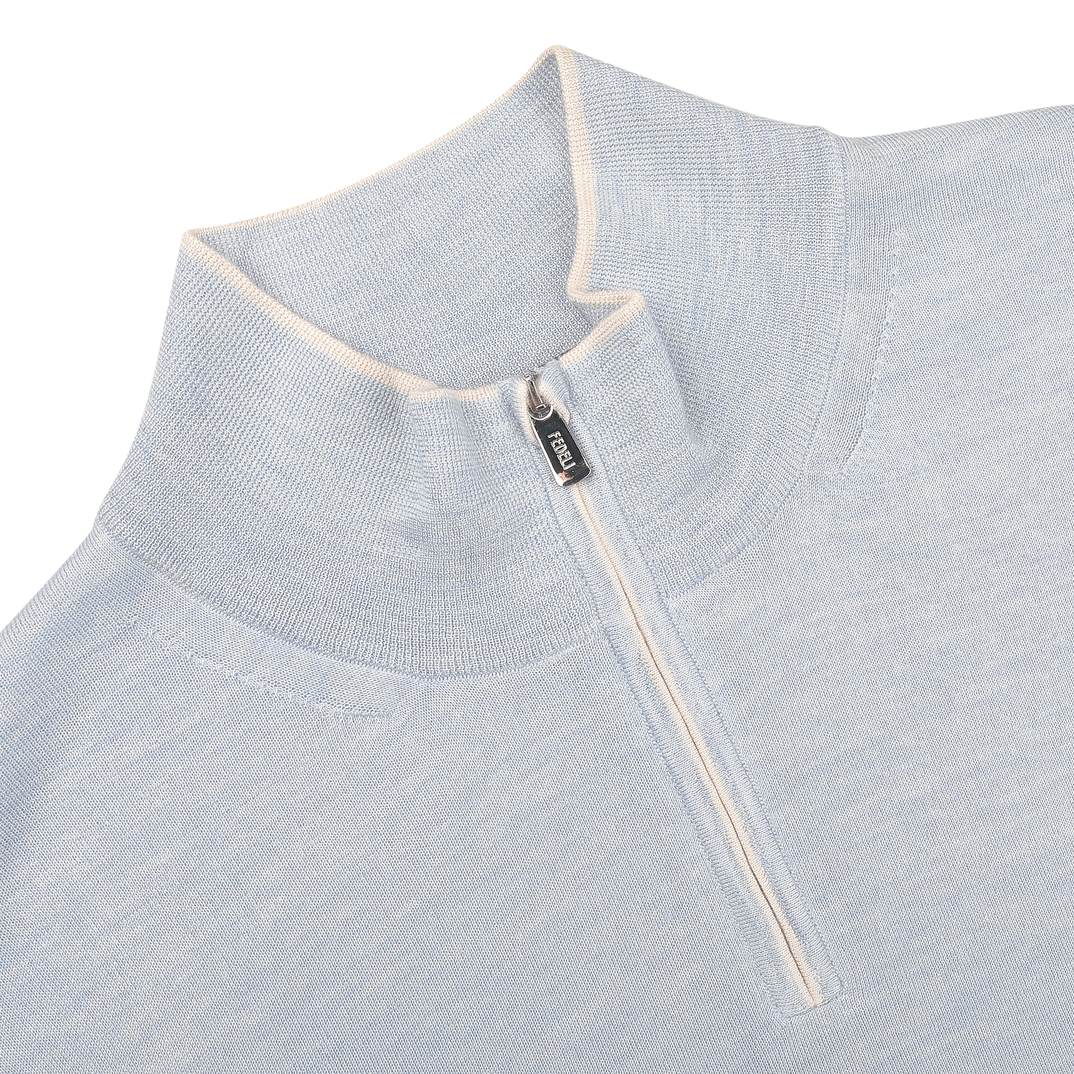 Close-up of the Sky Blue Cashmere Silk 1/4 Zip Sweater by Fedeli, showcasing its quarter-zip design and stand-up collar.