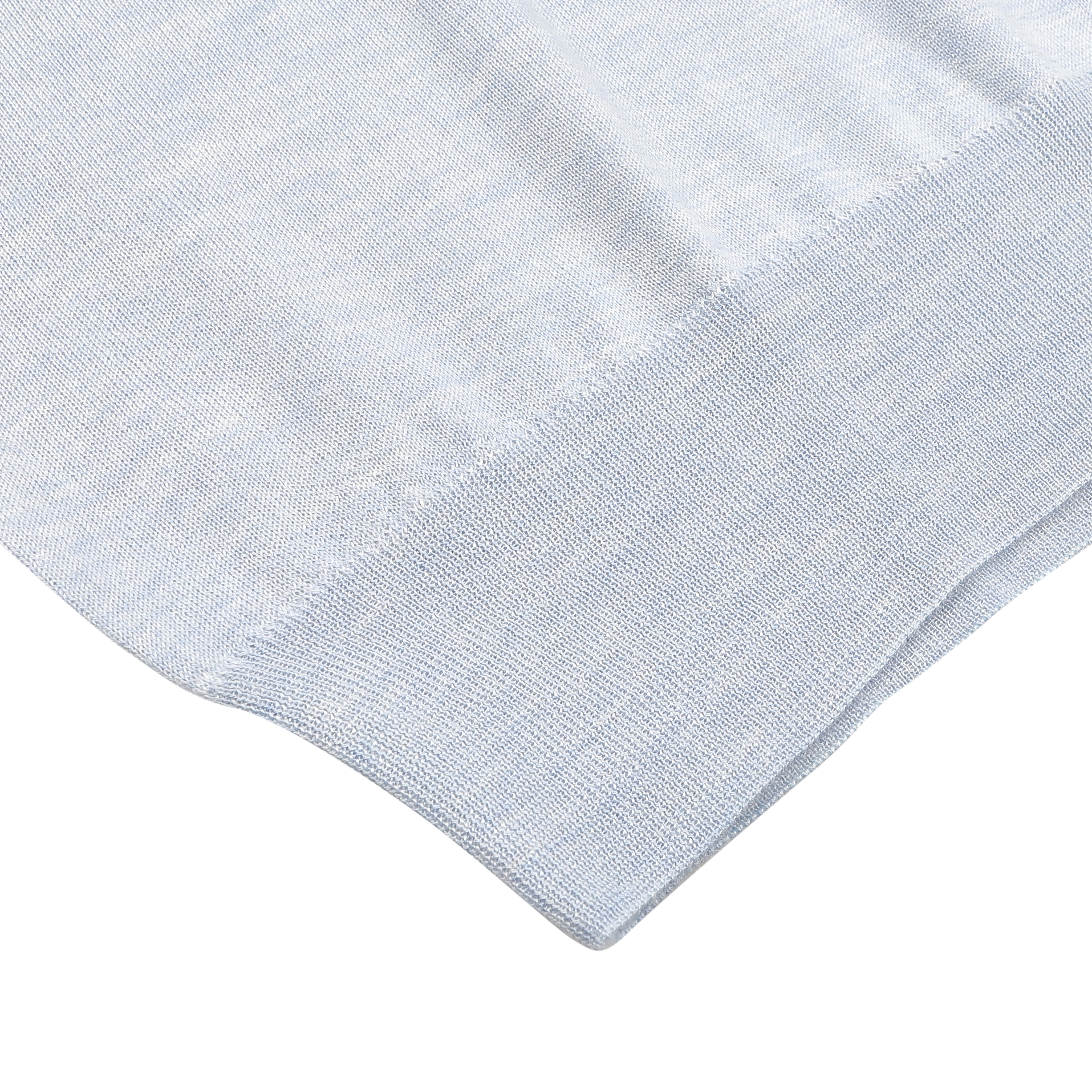 Close-up of the Sky Blue Cashmere Silk 1/4 Zip Sweater by Fedeli, highlighting the textured knitted fabric and ribbed edge.