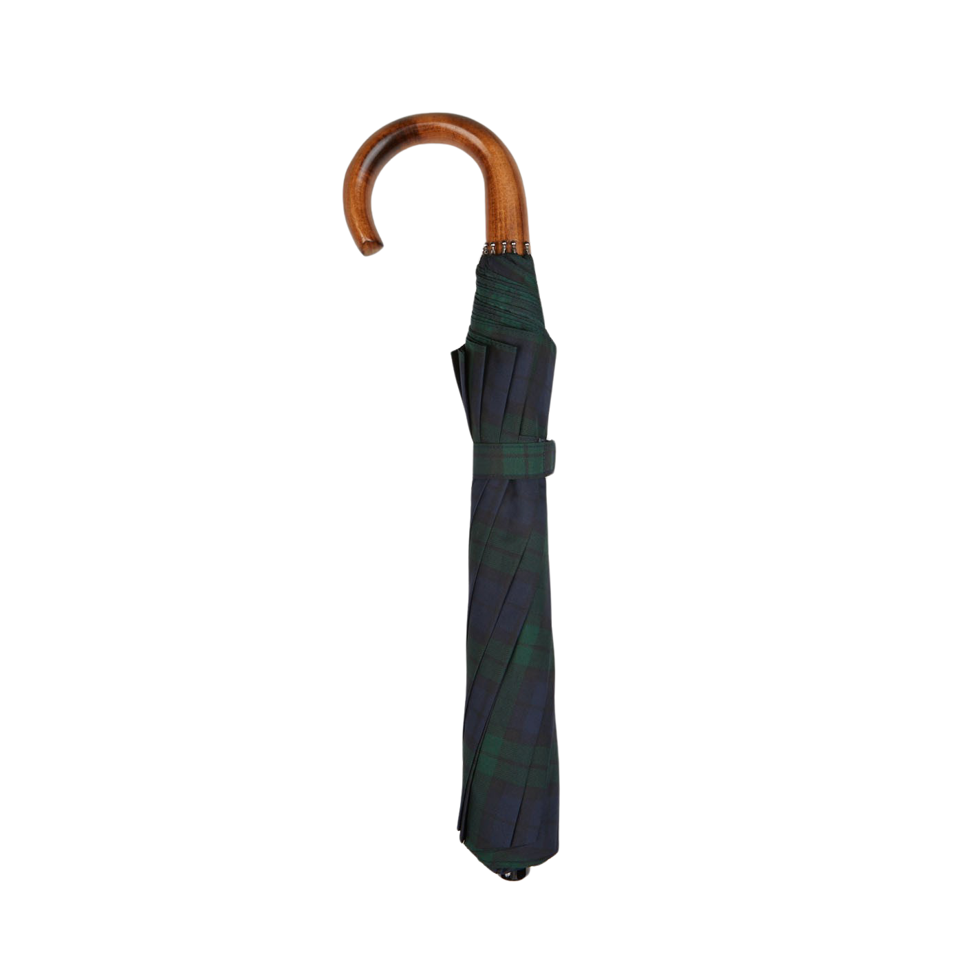 A handmade Black Watch Telescopic Maple Handle Umbrella with a wooden handle by Fox Umbrellas.