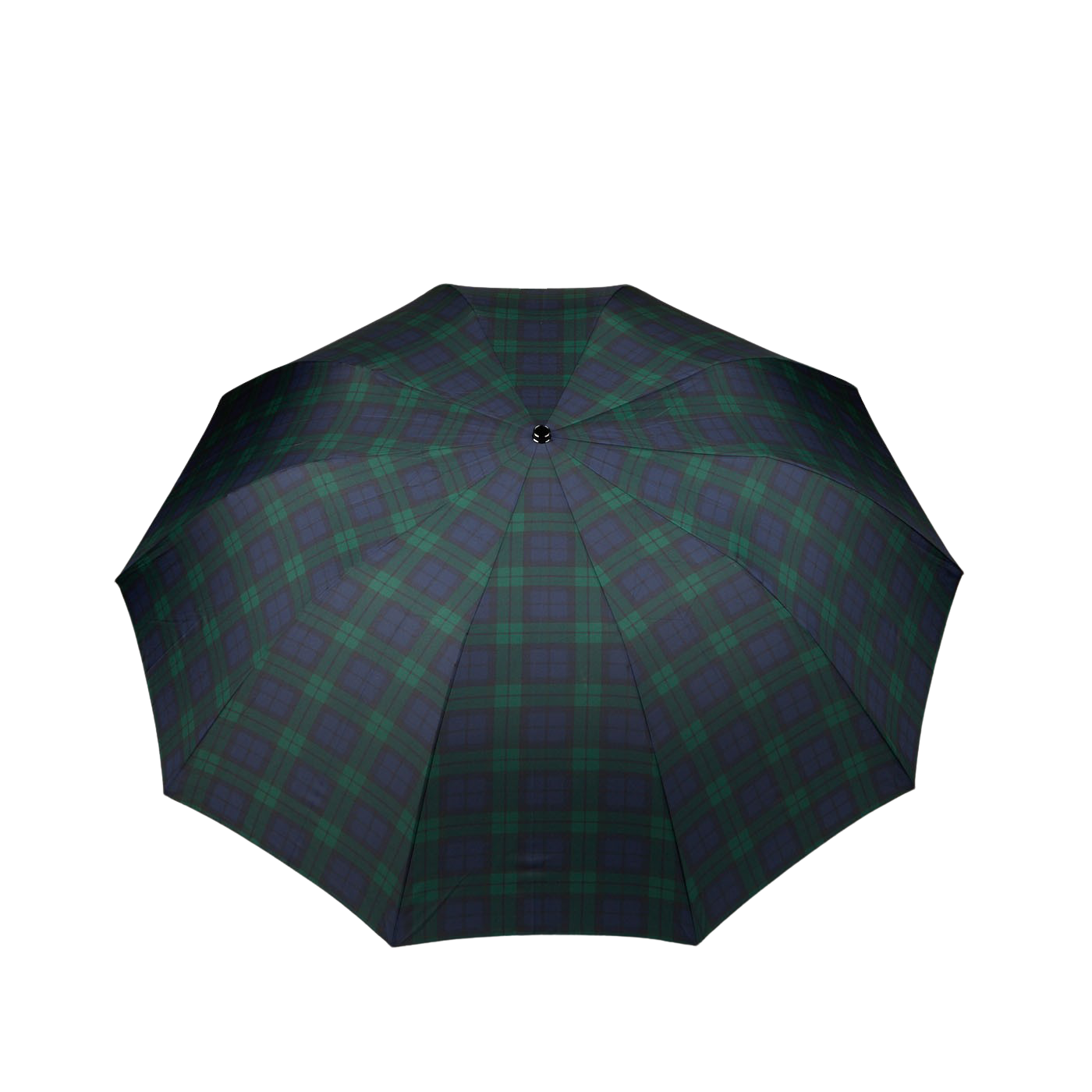 A handmade Black Watch Telescopic Maple Handle Umbrella by Fox Umbrellas on a white background.