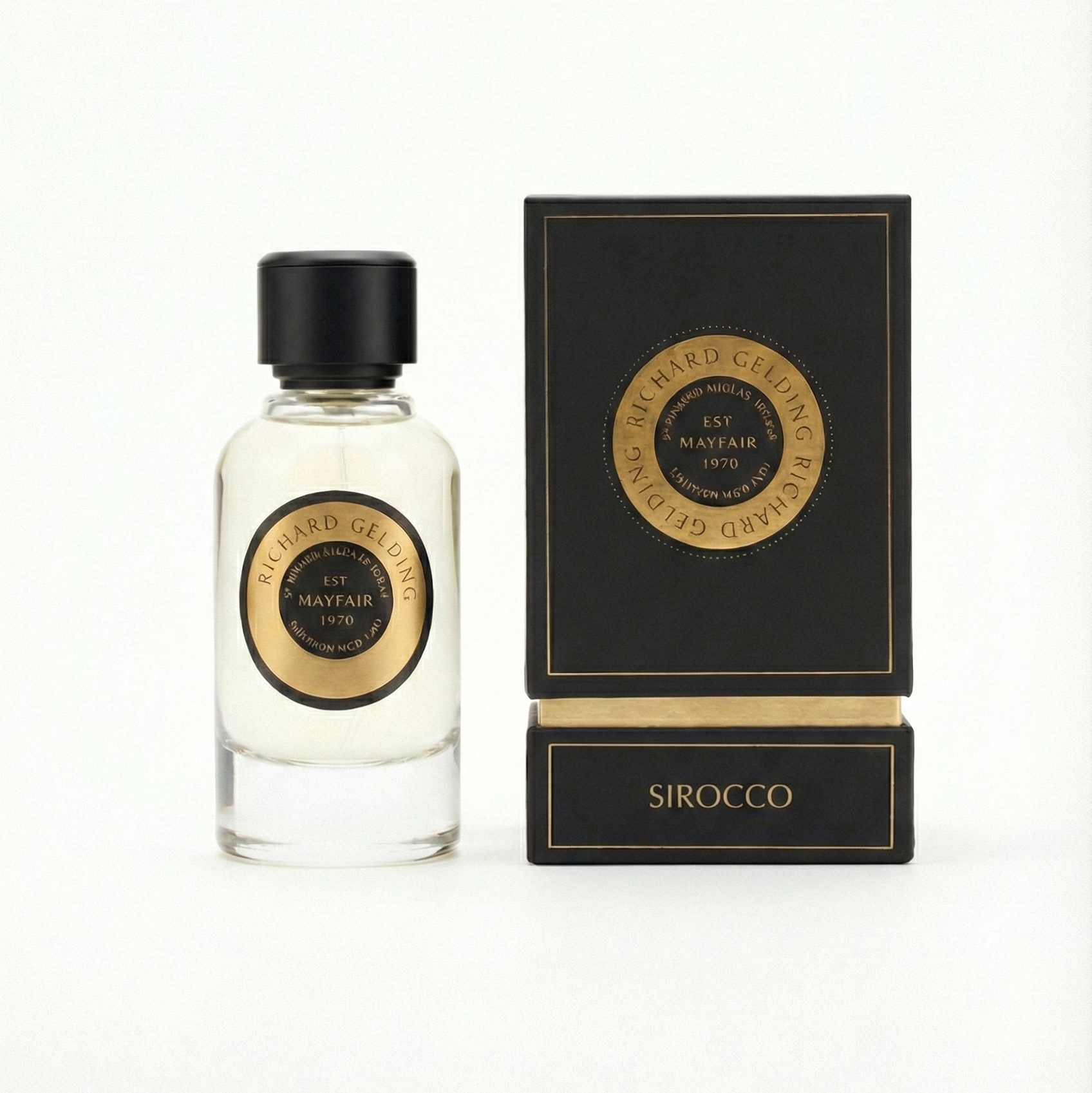 A clear glass bottle with a black cap and gold-black label stands next to a box labeled "Richard Gelding Sirocco EdP 100ml." This oriental scent by Richard Gelding promises long-lasting fragrance. Photo on white background. , available at Richard Gelding Mayfair