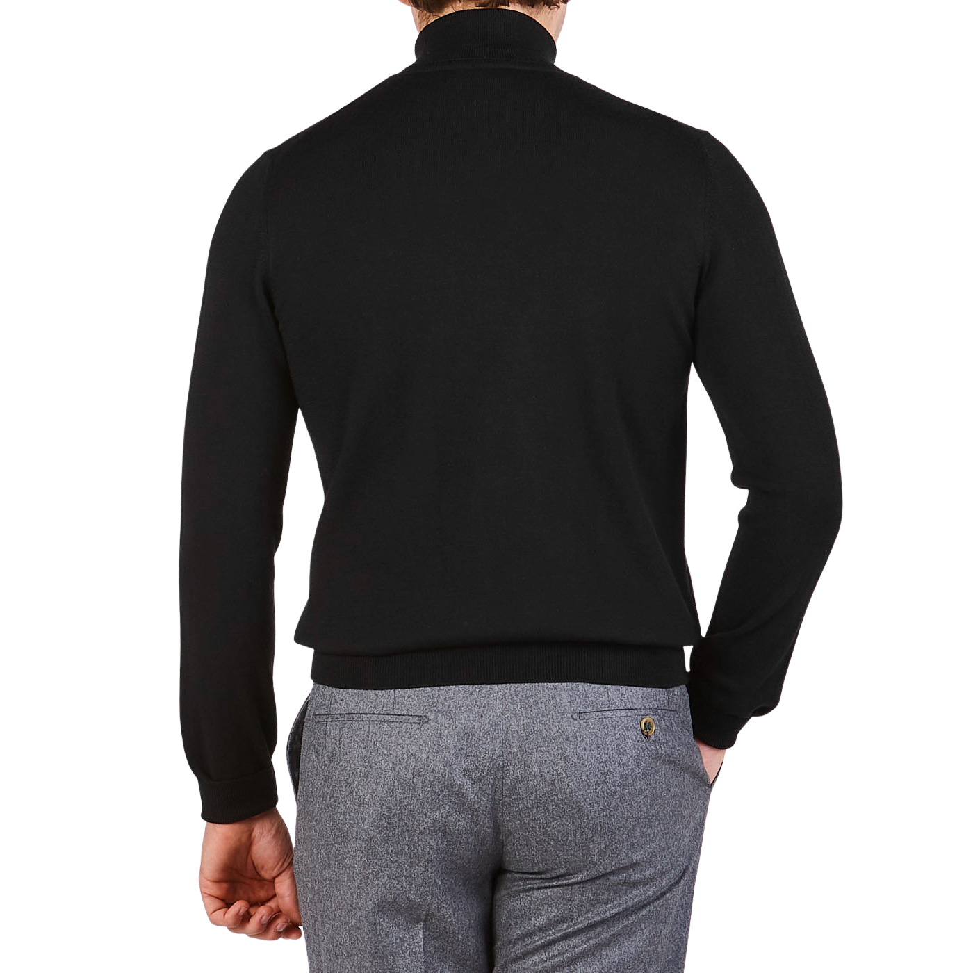 A man is seen from behind wearing a Gran Sasso Black Extra Fine Merino Wool Rollneck and gray pants against a plain white background.