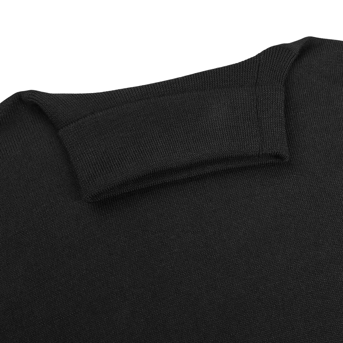 Close-up of the collar and upper back of the Gran Sasso Black Extra Fine Merino Wool Rollneck, highlighting the ribbed texture, stitching details, and slim fit design.