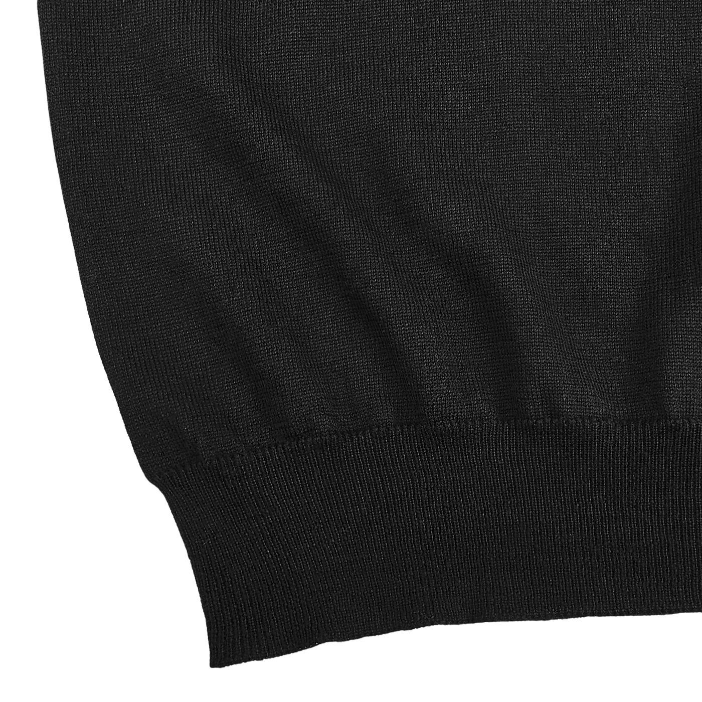 Close-up of the lower section of the Gran Sasso Black Extra Fine Merino Wool Rollneck, highlighting the ribbed hem against a plain white background.