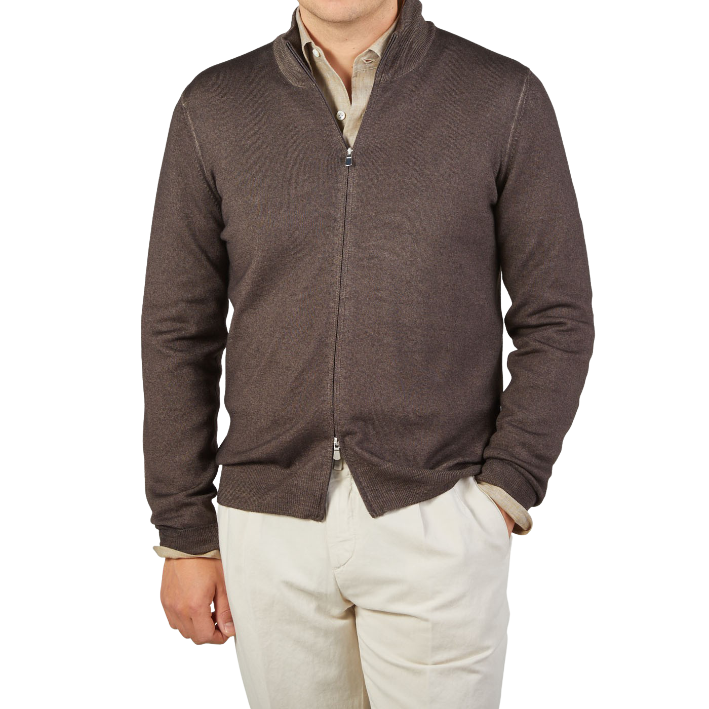 Gran Sasso Dark Brown Vintage Merino Wool Zip Cardigan Front