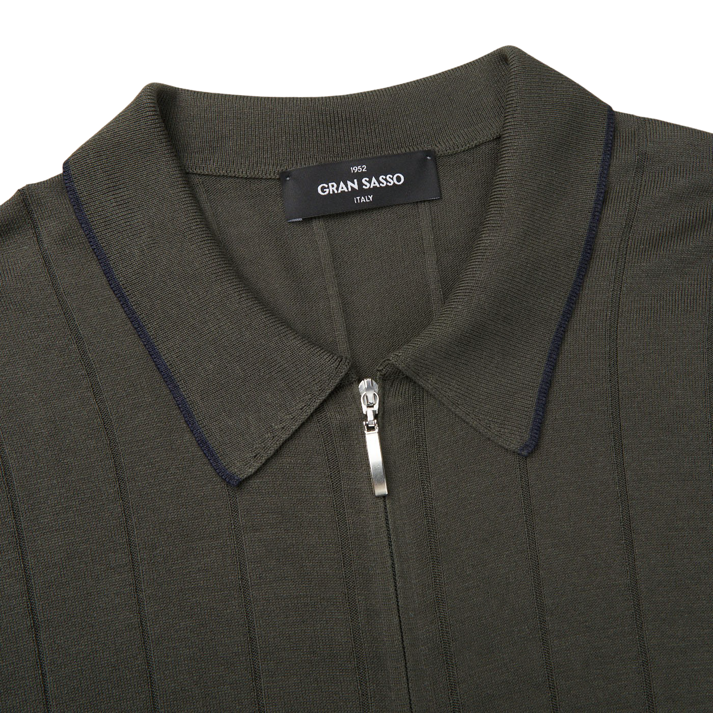 Gran Sasso Dark Green Knitted Silk Zip Polo Shirt Collar