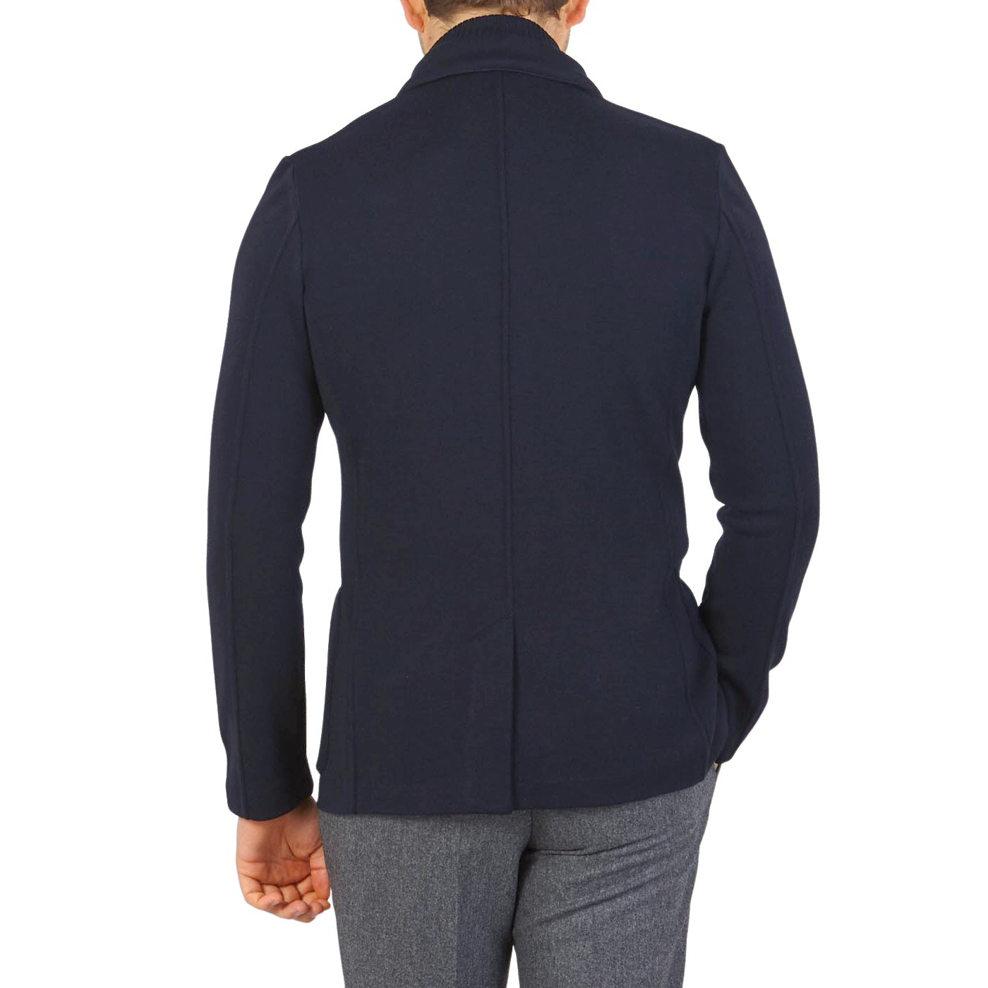 The back view of a Gran Sasso Teflon-coated man wearing a Navy Blue Rain Wool Knitted Jacket.