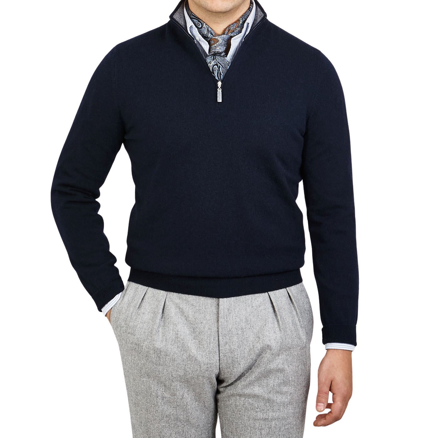 Gran Sasso Navy Melange Cashmere 1:4 Zip Sweater Front