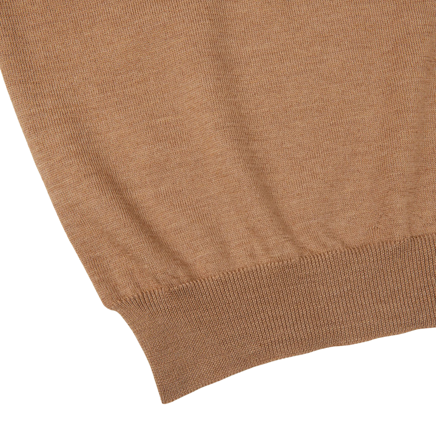 A close up of a Gran Sasso Camel Merino Wool One-Piece Collar Polo Shirt.