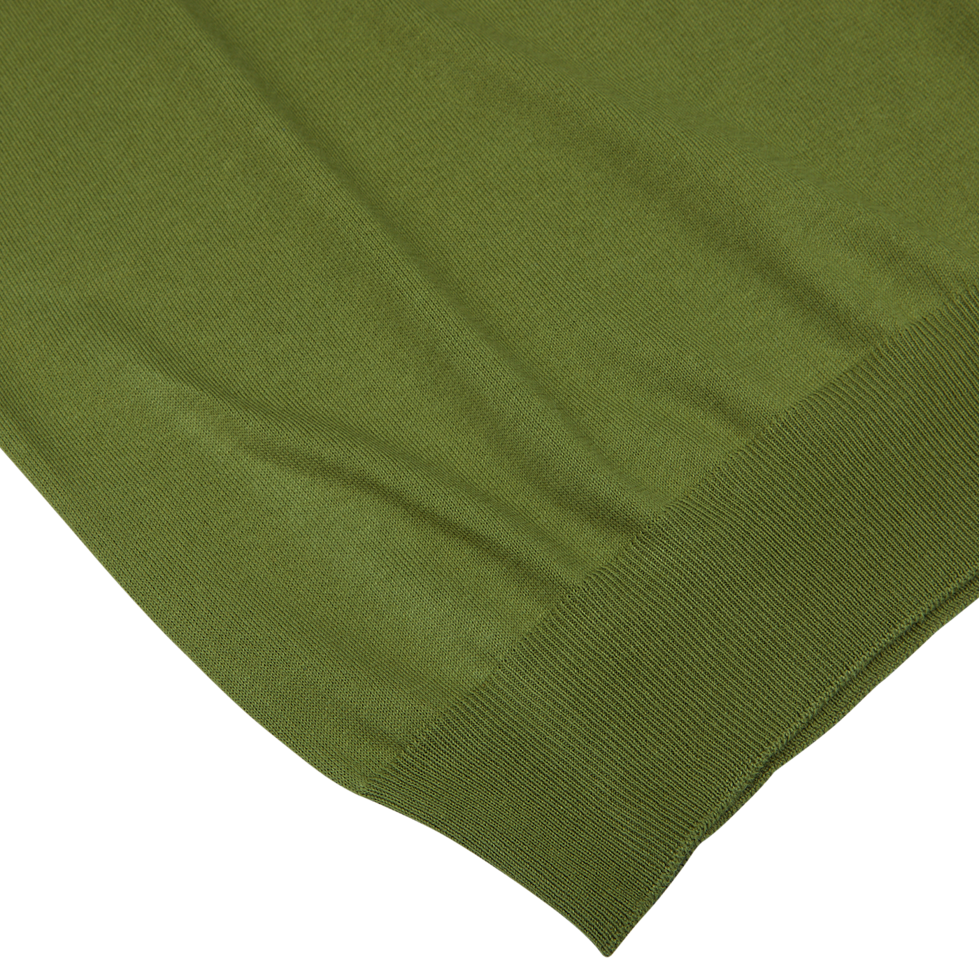 Close-up of a Gran Sasso Green Organic Cotton LS Polo Shirt with a ribbed hem on a white background.