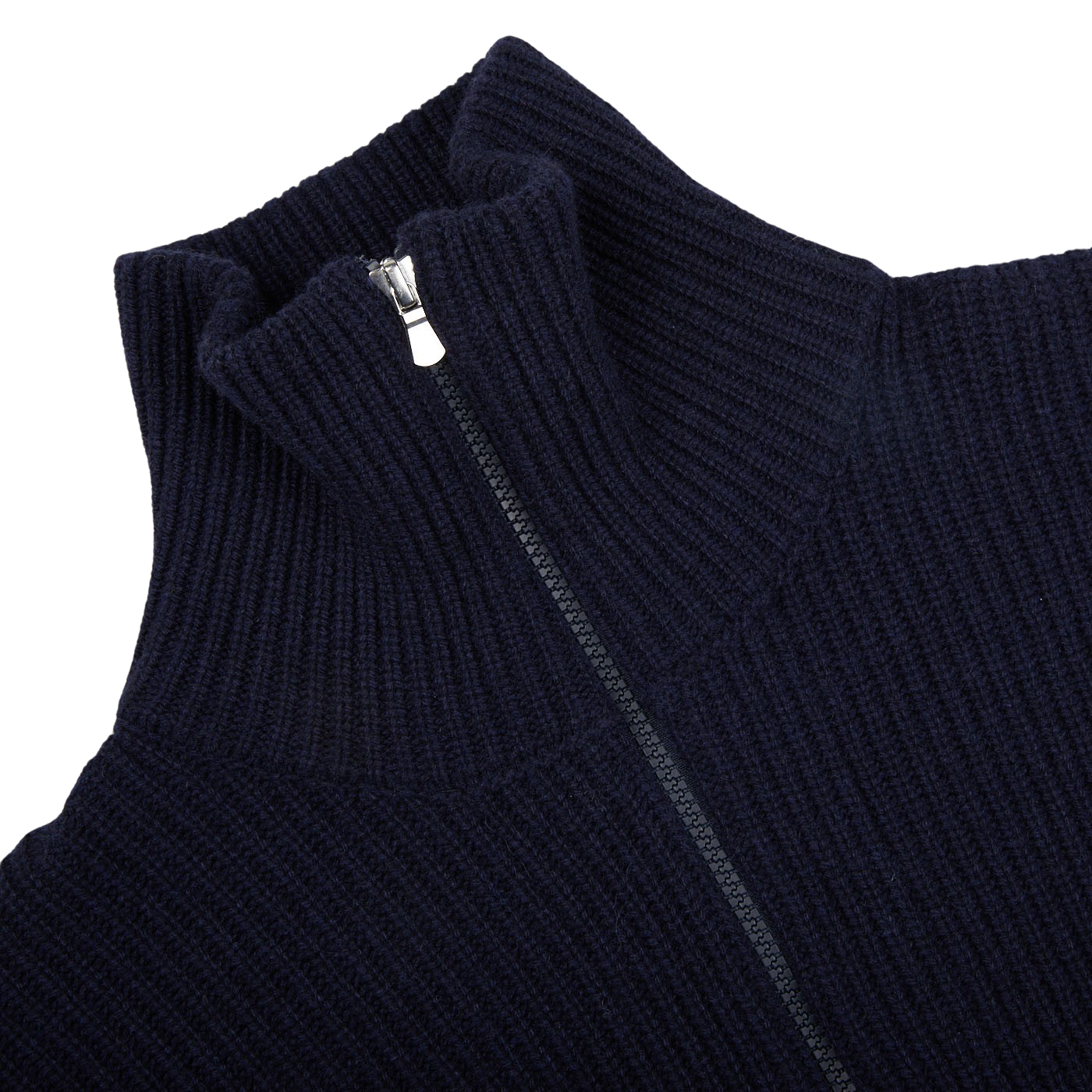 A close up of a Gran Sasso Navy Blue Eco Cashmere Funnel Neck Cardigan.