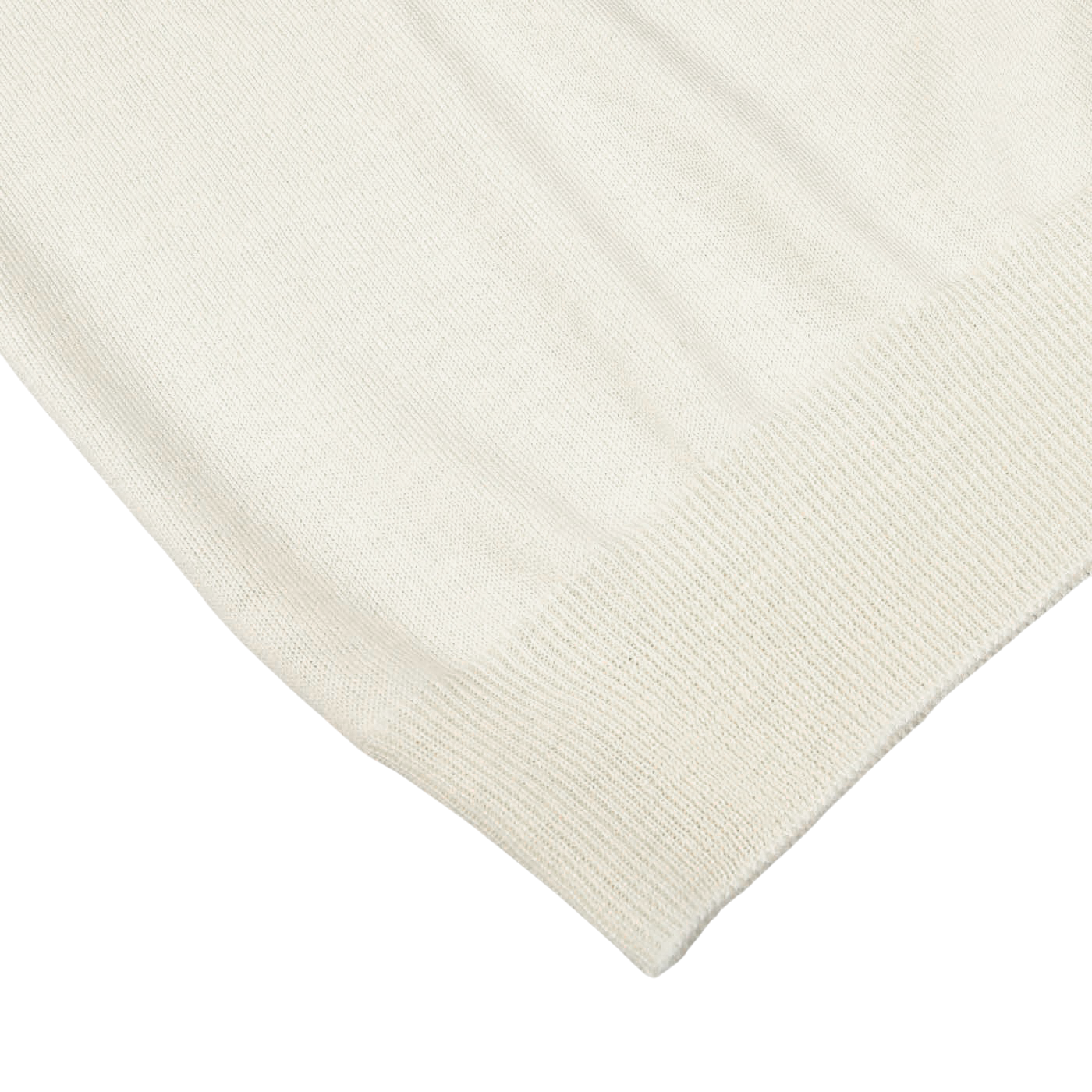 Close-up of the corner of an Off White Extra Fine Merino Rollneck by Gran Sasso, showcasing its intricate knit texture and stitch pattern.