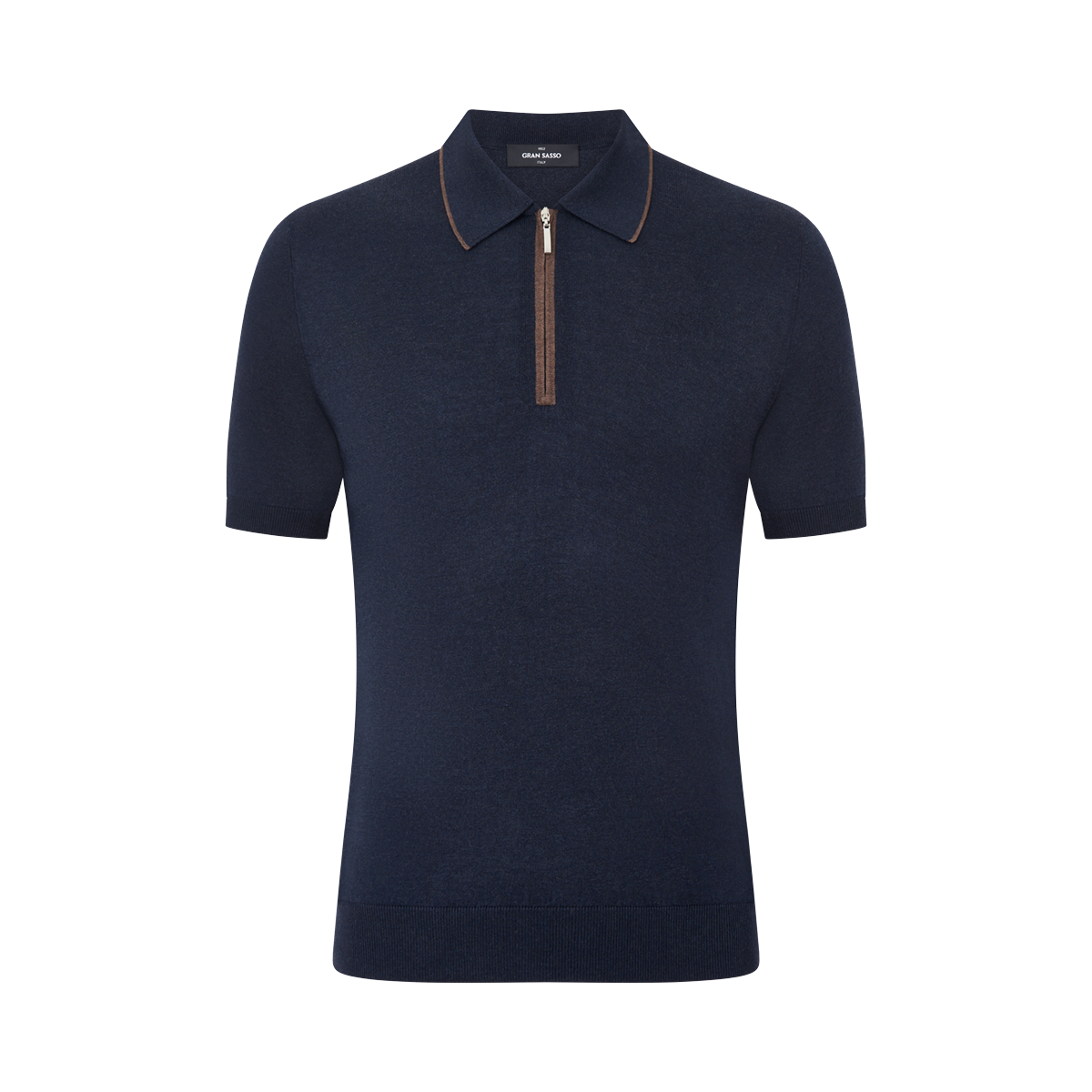 Navy Blue Knitted Silk Zip Polo Shirt