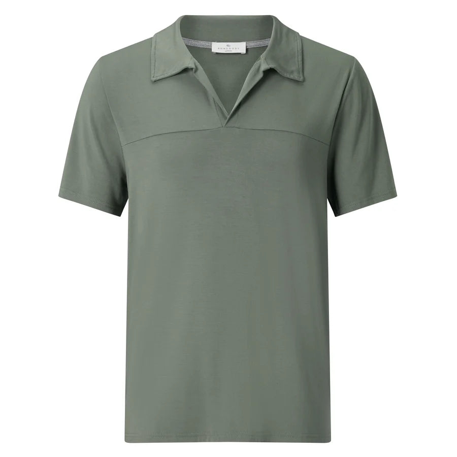 The Charred Green Collared Modal Marlow Polo T-shirt is a plain, short-sleeved men's polo in breathable fabric with a relaxed collar and no visible buttons, shown on a white background—ideal for casual wear.