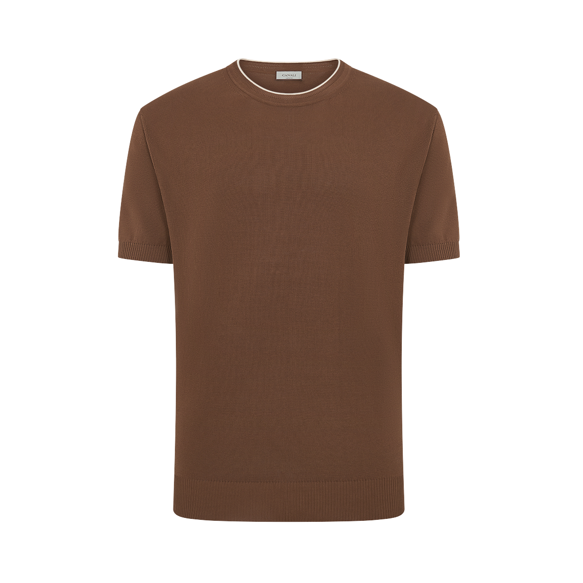The Canali Brown Giza Cotton T-shirt features short sleeves, a crew neckline with white contrast piping, and ribbed cuffs and hem. Made from soft Giza cotton and shown on a plain white background. , available at Richard Gelding Mayfair