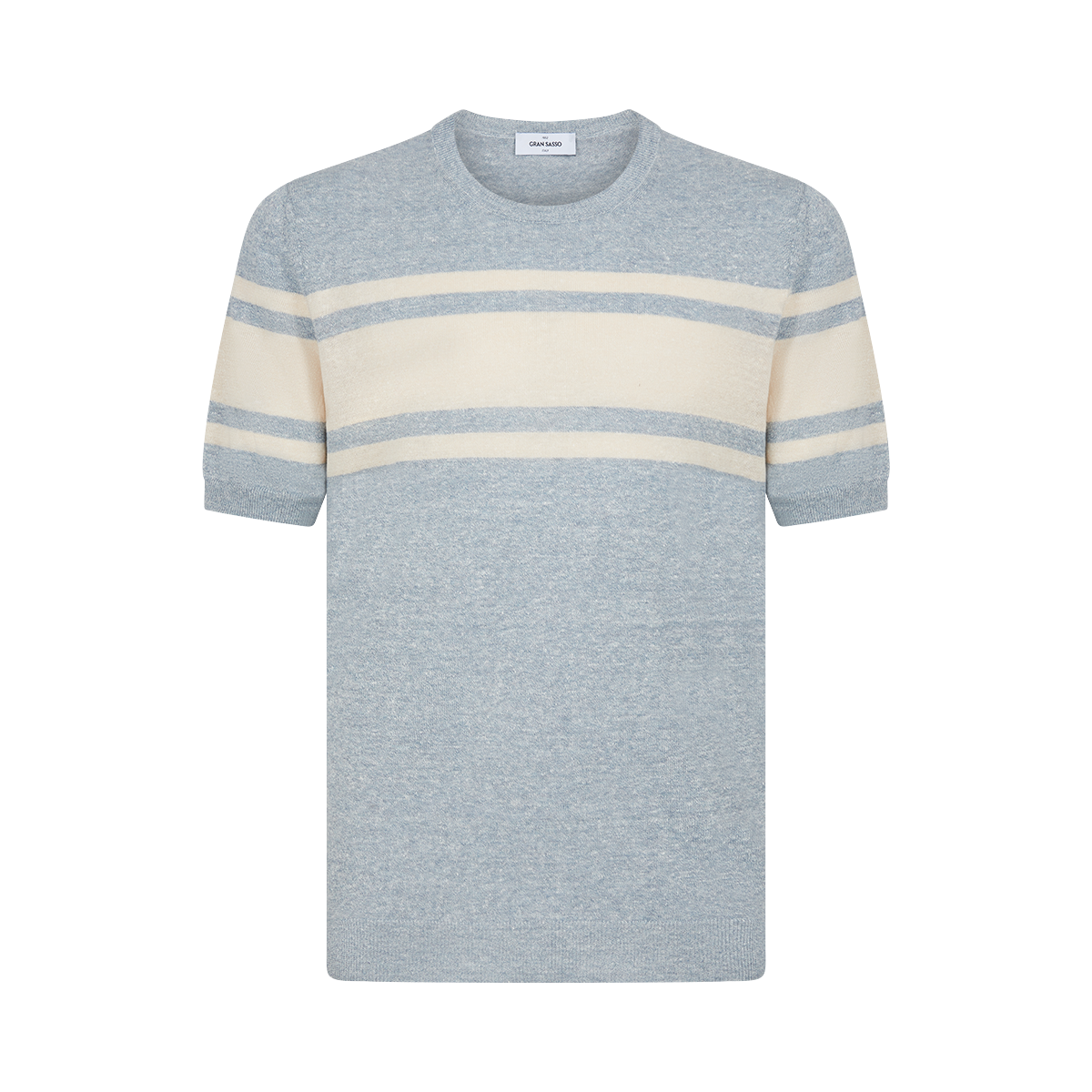 The Gran Sasso Grey Stripe Cotton/Linen Knitted T-shirt is a men's short-sleeved, breathable crew neck with horizontal stripes and a classic design, shown on a plain white background. , available at Richard Gelding Mayfair