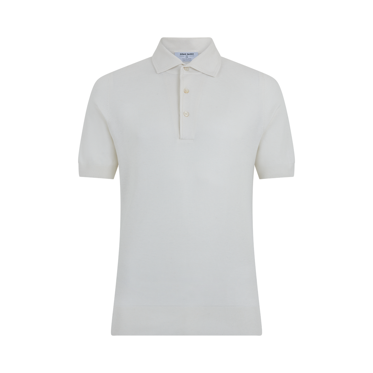 The Gran Sasso White Silk Pique Polo features short sleeves, a classic collar, ribbed hem and cuffs, and a three-button placket. It is shown against a plain white background. , available at Richard Gelding Mayfair
