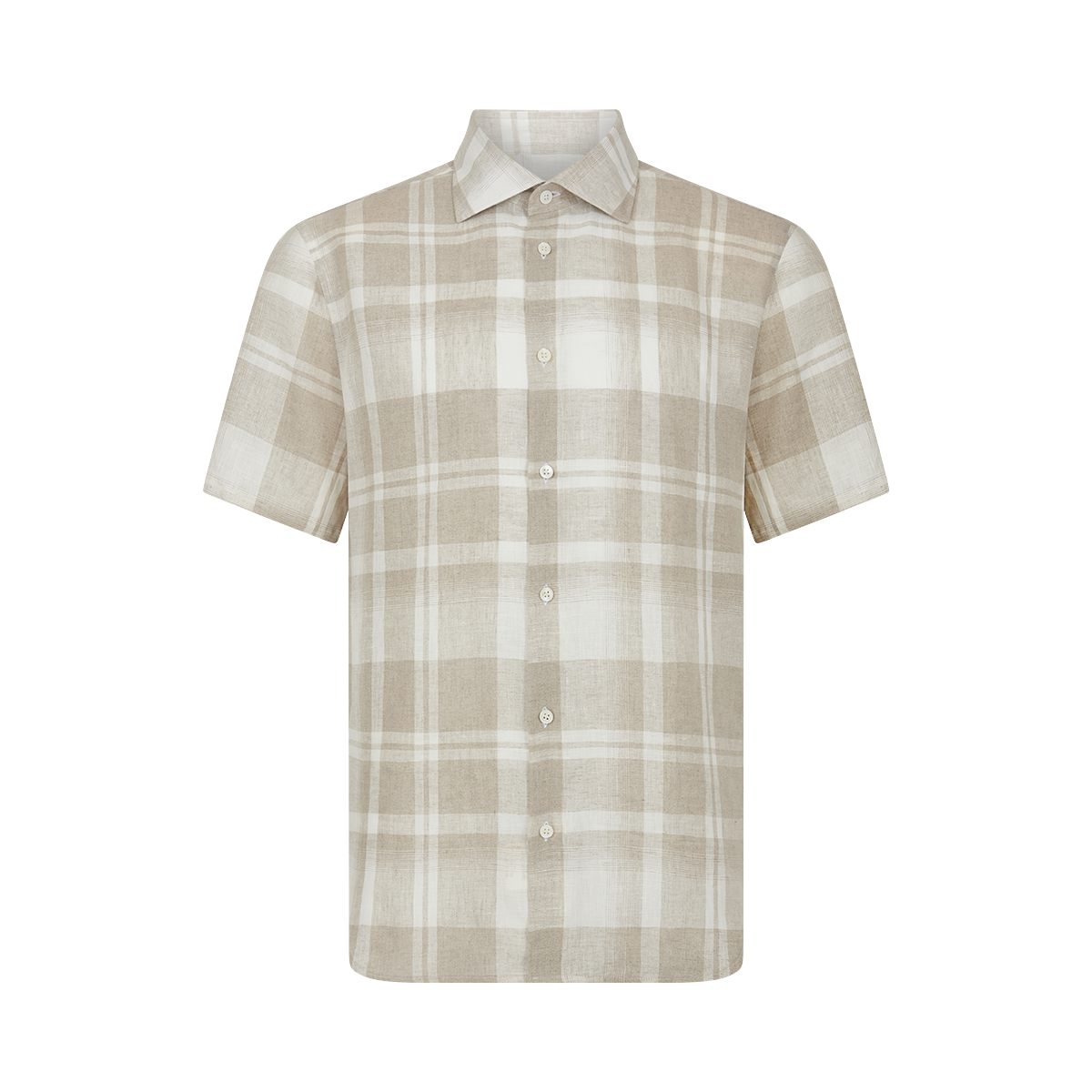 The Maurizio Baldassari Light Brown Linen Check Short Sleeve Shirt features a classic collar and a beige and white plaid pattern with horizontal and vertical stripes on a white background. , available at Richard Gelding Mayfair