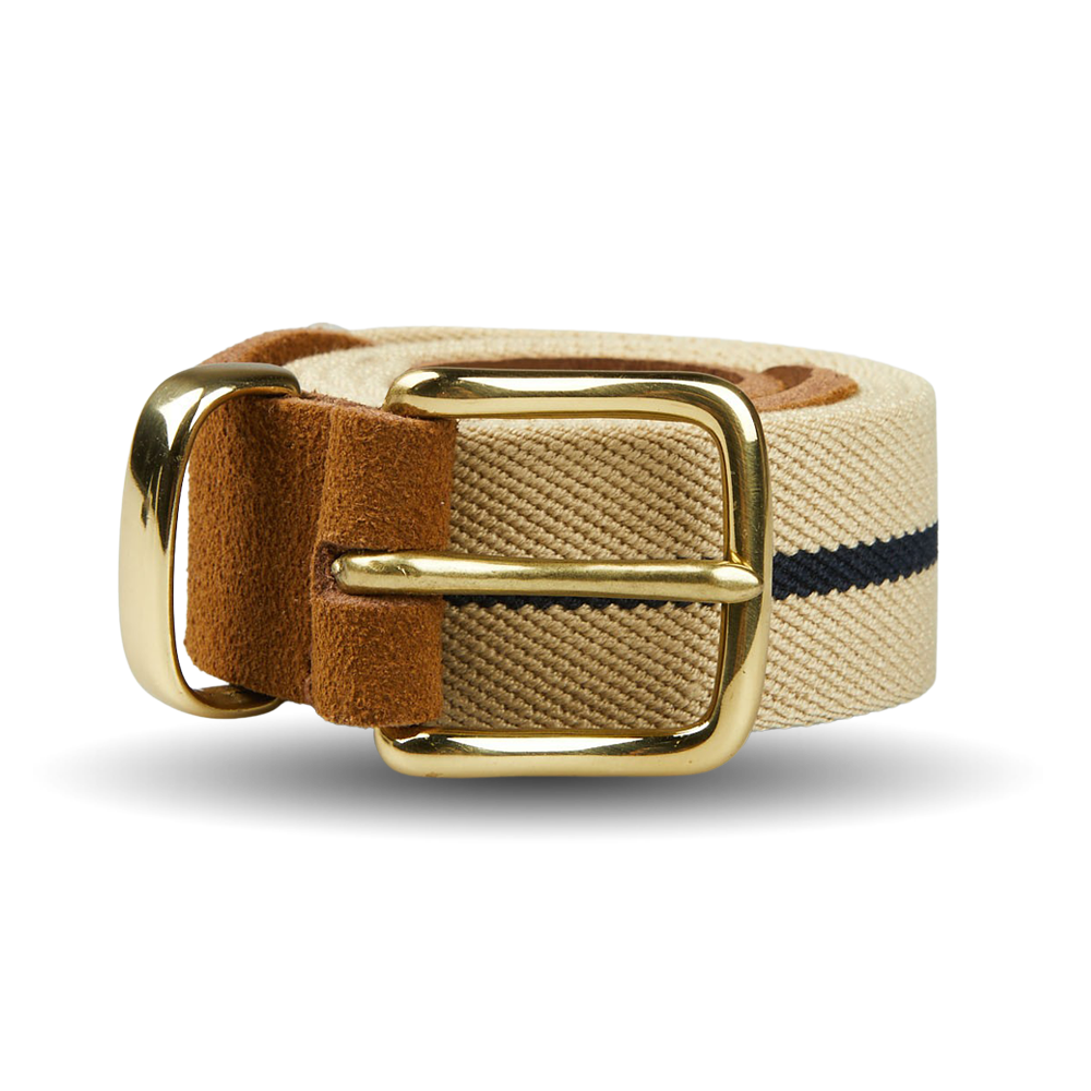 A Beige Striped Canvas Cognac Suede 35mm Belt from the Hardy & Parsons brand with a gold buckle.