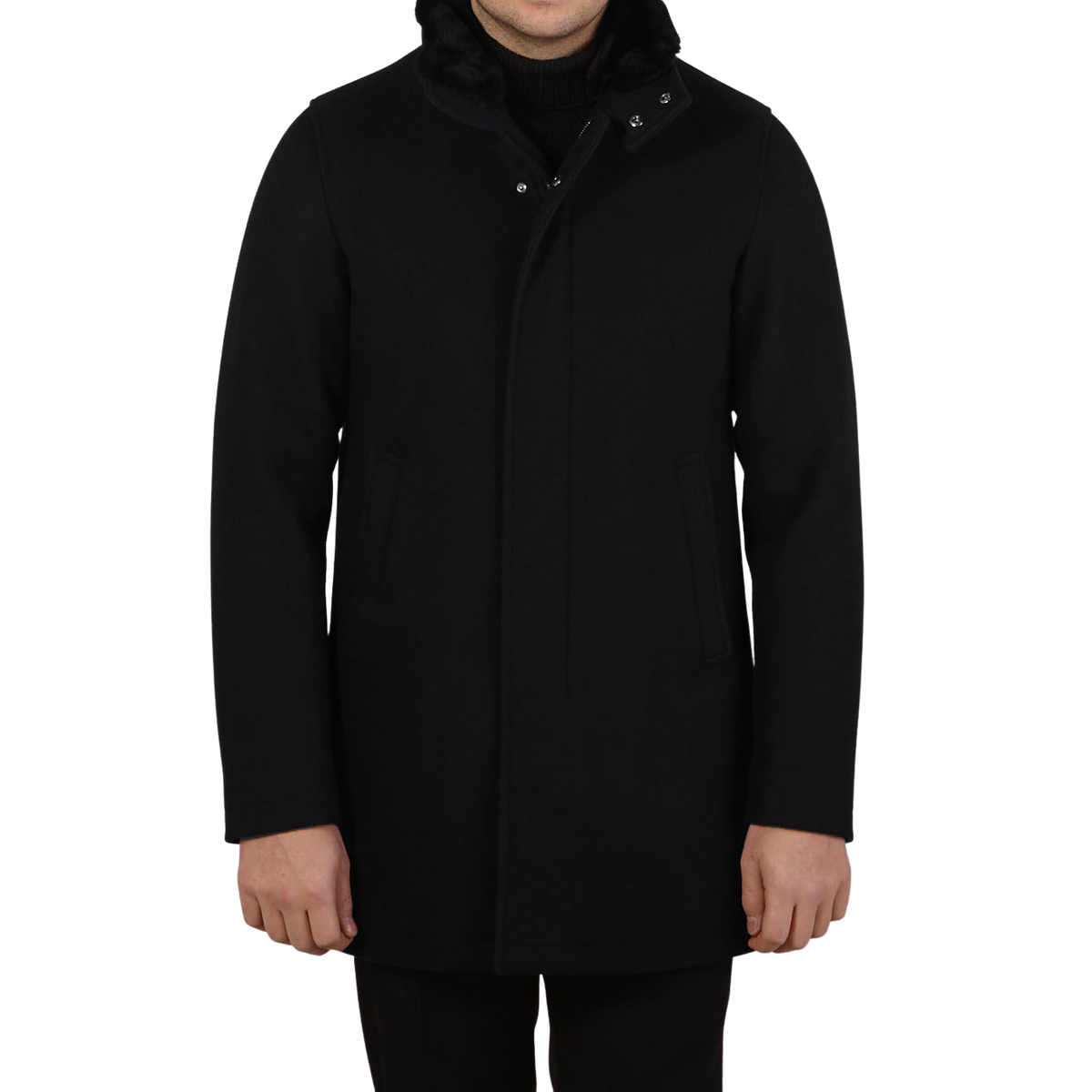 Herno Black Diagonal Wool Fur Collar Car Coat Front
