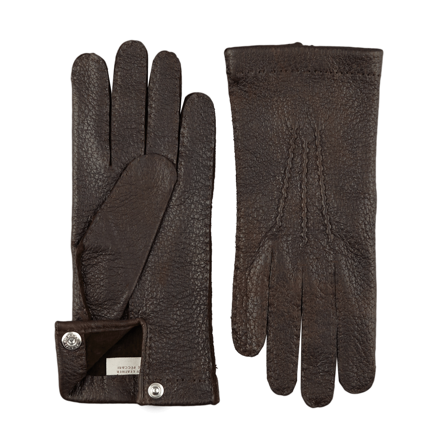 Hestra Espresso Peccary Unlined Palm Button Gloves Open