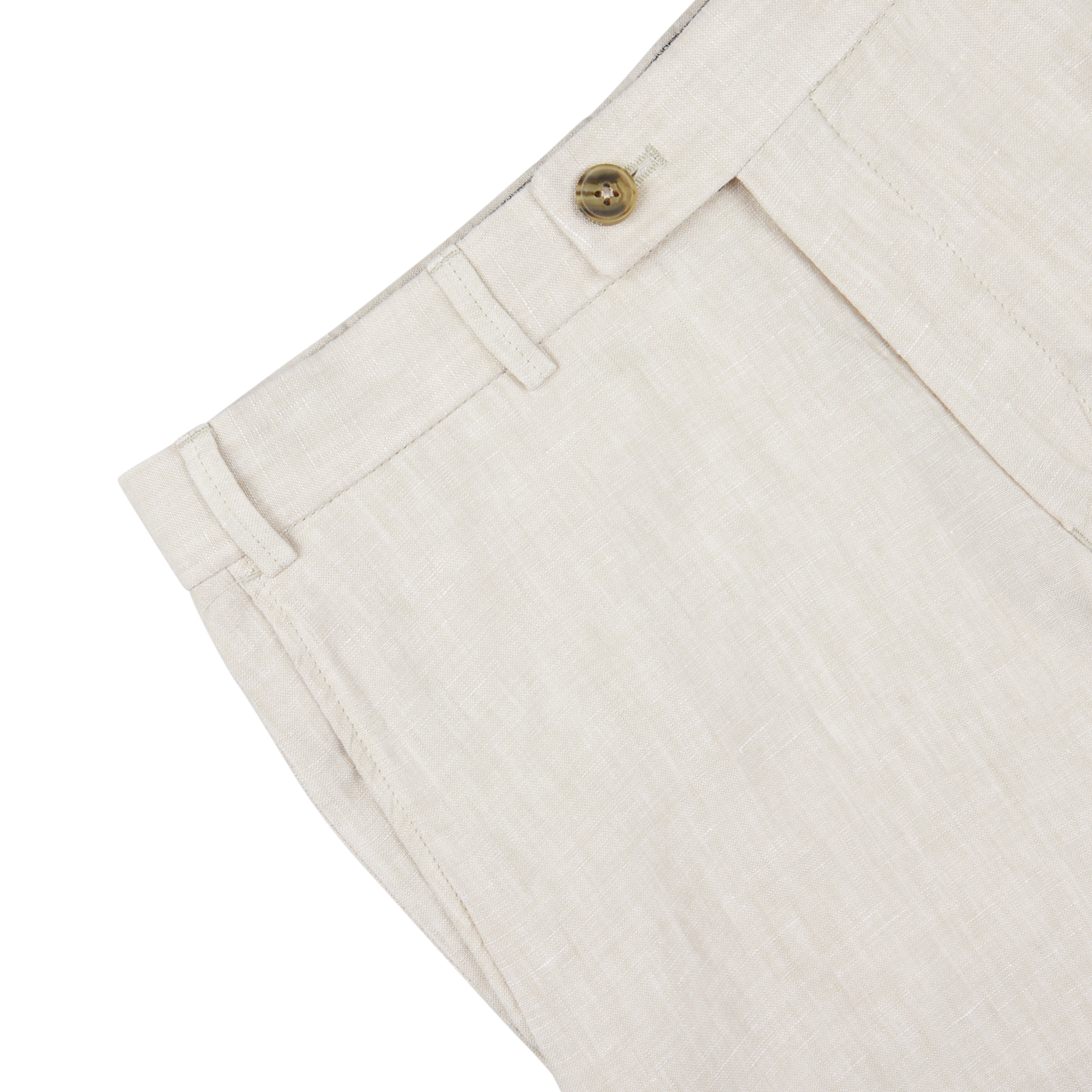 Close-up of Light Beige Washed Linen Regular Fit Chinos waistband with a button closure and belt loops on a white background by Hiltl.